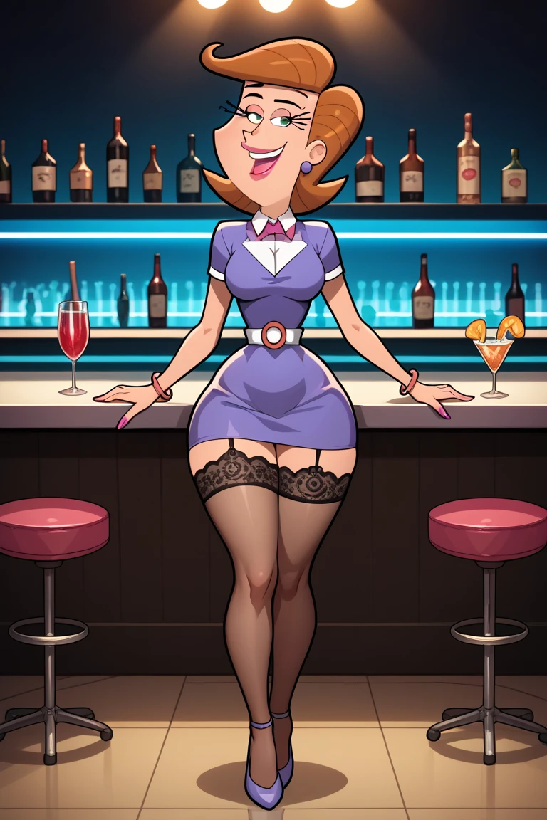 masterpiece, best quality, very aesthetic, absurdres, full body shot, 1woman, beautiful busty milf, Bunny girl costume, detailed highest part of bunny ears, night club, focus on bunny's ears