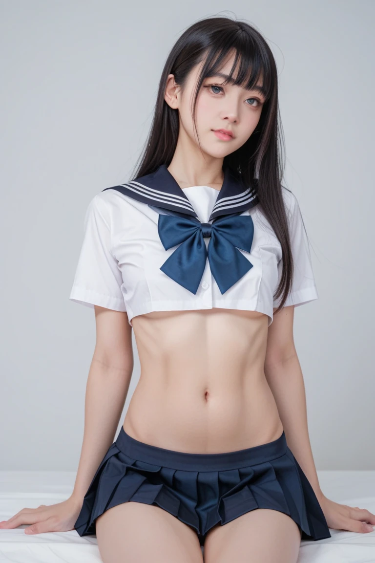 (masterpiece, highest quality:1.2), 8K, 12才のfull nudeの女の子, 85mm,Official AR RAW photo, スーパースリムなスレンダーbeautiful girl, (Navy blue short skirt、下Half bodyfull nude、short sleeveの白シャツ、show me your ears、naked girl photo shoot、full nude, cute face, close, Half body, biolace, gardenia, beautiful girl, , thighs, short sleeve, station platform、 looking at the viewer, no makeup, (big smile), film grain, chromatic aberration, sharp focus, face light, clear lighting, Ten generations, detailed face, background bokeh, (dark red tie:1.1)、((((((12 year old girl))))))、((((((12才のfull nude女子高生)))))、thin waist、shy pose、shy and nervous girl、A severely ripped white shirt、Showing off the right breast、