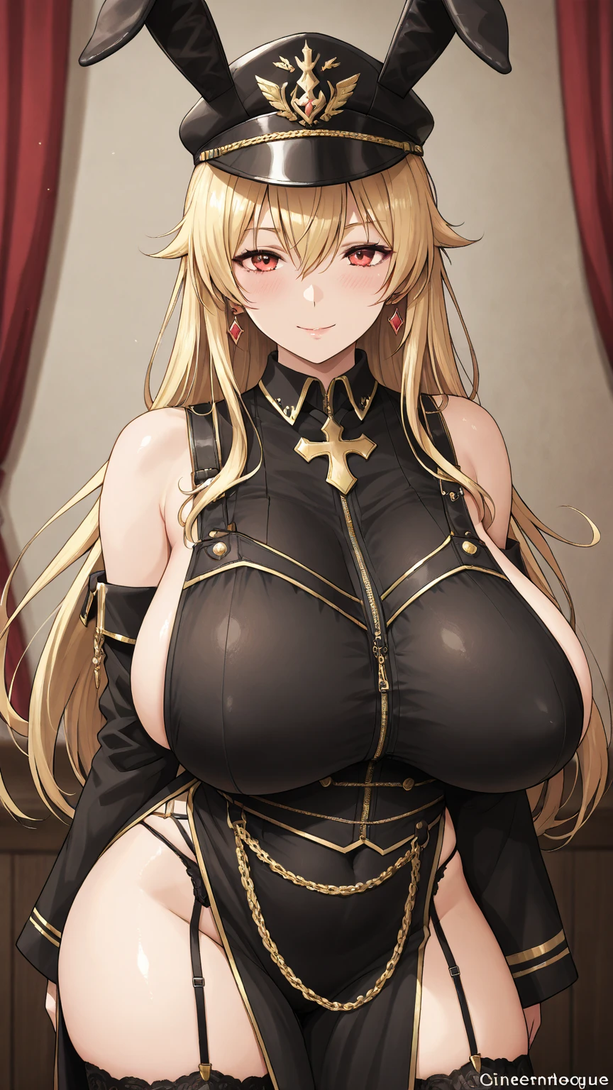 Browsing Caution ,highest quality ,1 girl, Full body, hands on hips ,Queen, Heart-shaped pupils ,(ahegao:1.3),Beautiful Eyes ,(Huge nipples:1.0), (Huge breasts:1.4), (Huge Ass:1.0), (Muscular:1.5), Blonde medium length single braid hair, Gold Tiara ,Gold Necklace , Gold earrings ,Pink Cape ,Black gloves ,Black Stockings,boots ,Bedroom,