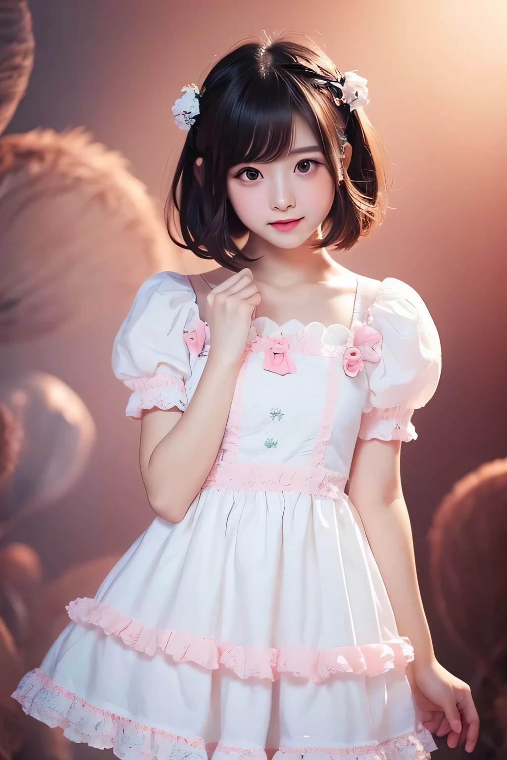 8K, Ultra-high resolution, Highest quality, masterpiece, 三分割法によるphotograph,Surreal, photograph, 1 Girl, (16 years old:1.3), pretty girl, Cute face, Beautiful eyes in every detail, 細かくdetailedに,masterpiece,One Girl:1.2, Japan Female Announcer, whole body,glaring,Black Hair,Bob with bangs,A city near the future,cyber punk,(Highest quality, 8K, masterpiece, Best image quality, Ultra HD, Delicate and smooth skin, Realistic Skin, Perfect and beautiful face ,完璧でCute face, Skin with attention to detail, Perfect limbs、Narrow waist、Thin legs)、Browsing Caution、Sulky face、(A fusion of Lolita fashion and maid outfits),Beautiful leg line beauty,Looking at the audience、beauty,Long neck、(((Ideal body type))),A cup small breasts :2,、Portraiture:2、Perfect Anatomy、鮮明なdetailed、detailed、Surreal、Light and shadow,Strong light