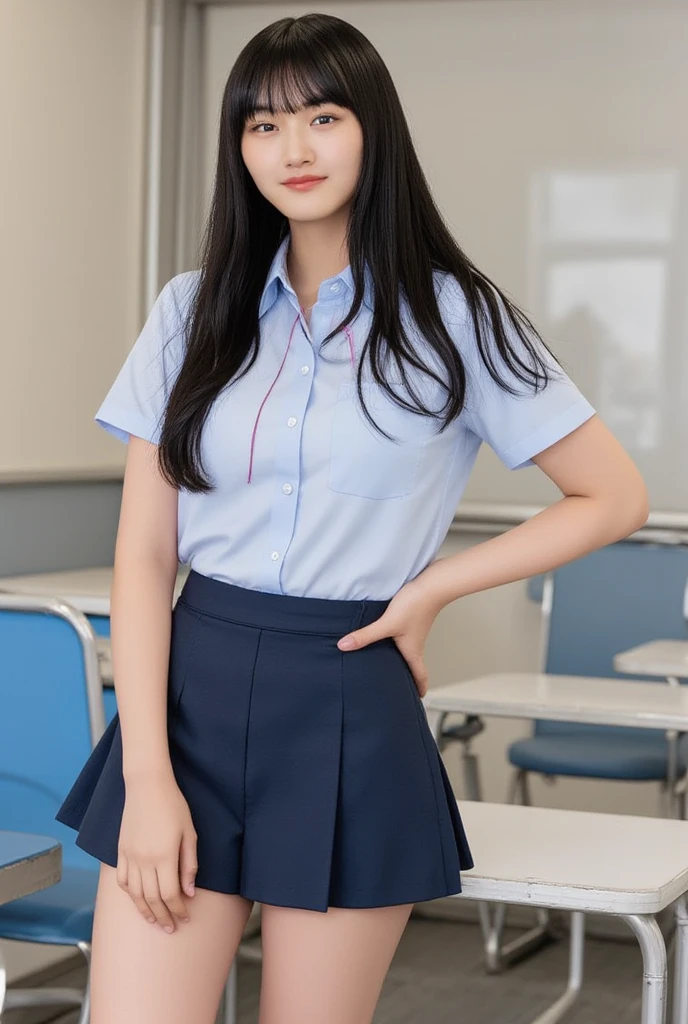highest quality、Realistically、Glowing Skin、Japanese、woman、Early 20s、Gravure idol、classroom、machine、Sit on a chair、Uniform Cosplay、shirt、Dark Blue Skirt、loafers、Good body、Spread your legs、