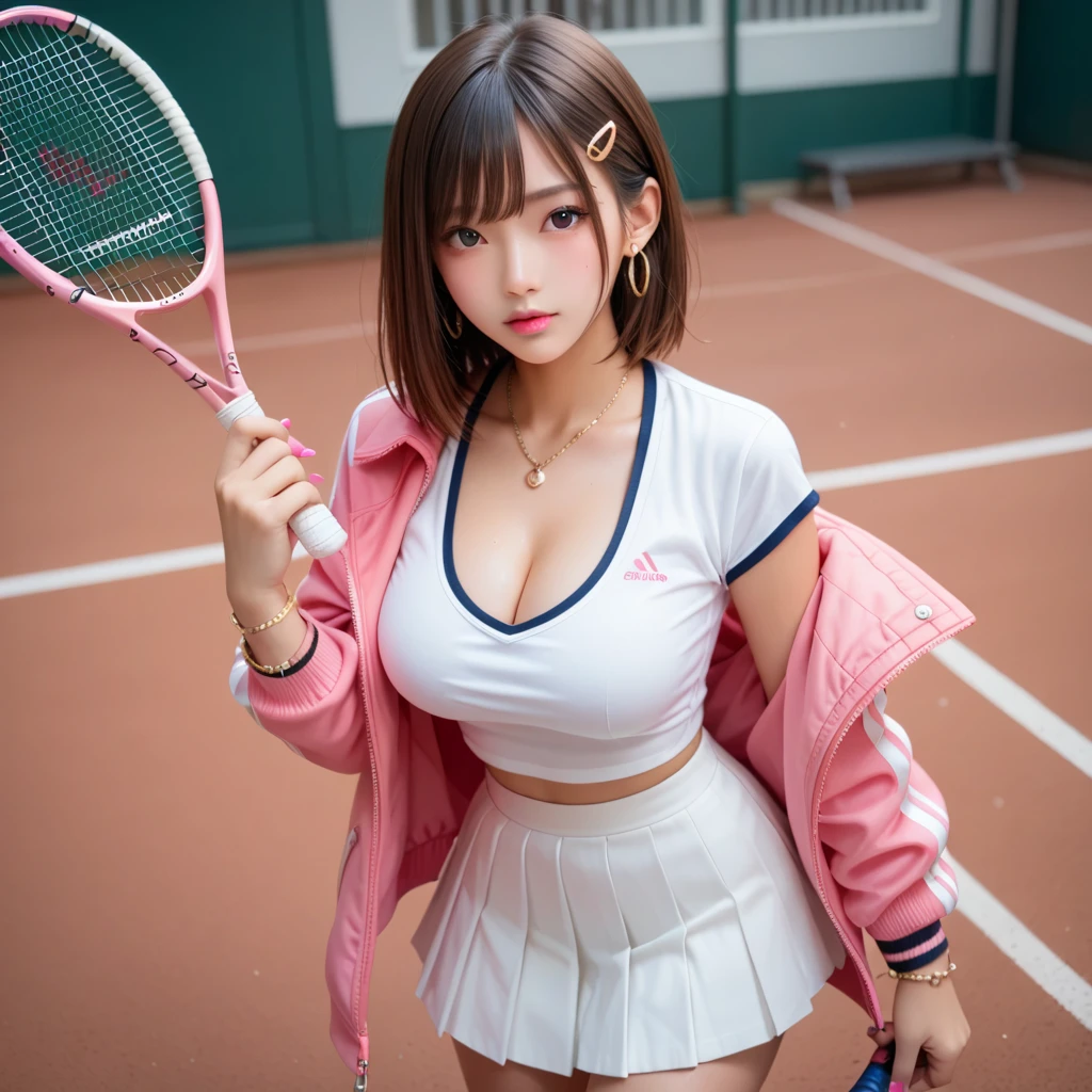 (Raw photography:1.2)、(photoRealstic:1.4)、(masuter piece:1.3)、(top-quality:1.4)、超A high resolution、nffsw、8K分辨率、dream-like、(((Playing tennis)))、Check Commentary、Commentary Request、landscapes、((without text) )、solofocus、(Full body like)、(eye detailed)、(facial features details)、(The specifics of the features of clothing)、skintight、(shinny skin)、(Slender girl)、(Slim Girl)、(1 girl in、独奏) 、VirtualGirl-Rin、Happy、A smile、(Taut)、bangss、Medium long hair of maroon color with a gradation、Brown hair、Brown eyes、Black Choker、college aged、hi-school girl、White High School Athletic Uniform、Adidas Sports Shorts、espadrilles、Work up a sweat、You can see cute pink underwear、Bite、((You can see the pink undercoat))、I can see the bra、((Nipples erect))