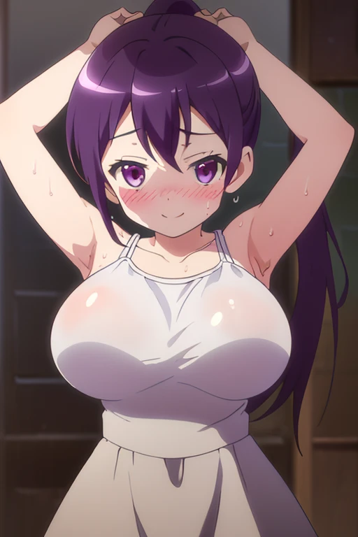 masterpiece, high quality, 8k, Beautiful lighting,sunny day, 1 girl, alone, Miyako Shikimori, ,((Cover your chest with your hands)),,(Hair Nude), Sweat,(((White panties))),(White panties),(((Panty shot))), ((Belly details)),(slender thighs), Detailed navel, blush,Legs closed, Medium chest,Raise the leg,sit,(((Grey mini skirt)))
