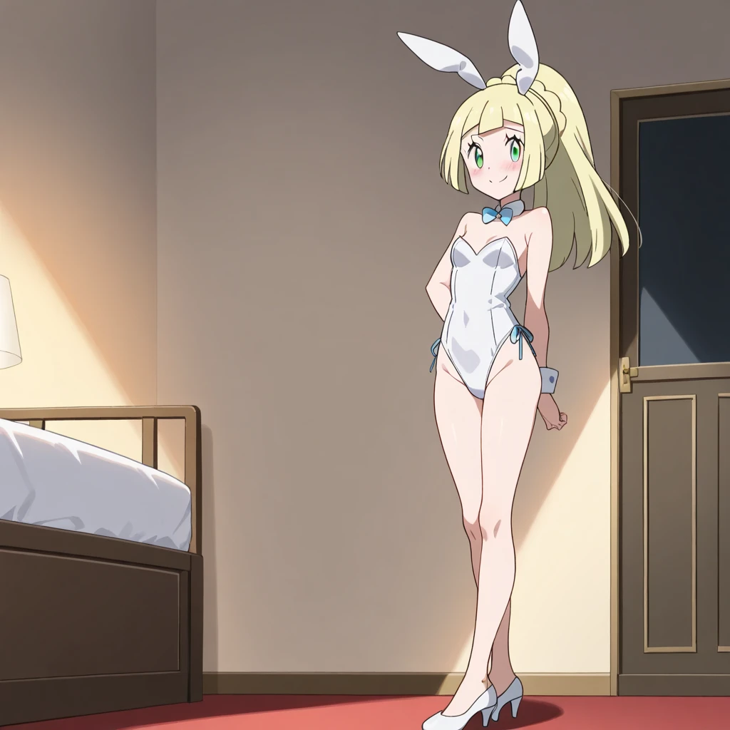 pov (from below) 1 girl, alone, Hoshizaki MIRIKA, medium hair, blonde hair, green eyes, big breasts, two pigtails, 1 girl, bunny ears, black playboy bunny outfit, black stockings, alone, big breasts, waist stocking, medium hips, wide thighs, room, bedroom, night, good lighting, window with good night lighting, sitting on the bed, blushing, hands together below the waist, covered nipples, collarbone, cowboy photo, marked pussy, nipples marked, thighs, barefoot, (facing viewer: 1.2), open mouth, armpit, detailed pupils, angry, embarrassed, seductive, smiling, closed mouth