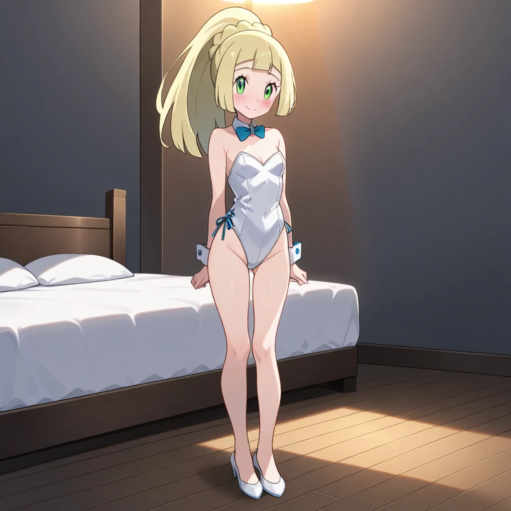 1girl, solo, facing viewer, looking at viewer, smile, toki asuma, halo, long hair, playboy bunny, rabbit ears, leotard, white thighhighs, wrist cuffs, (cowboy shot:1.5), {arms behind head}, contrapposto, spread armpit,