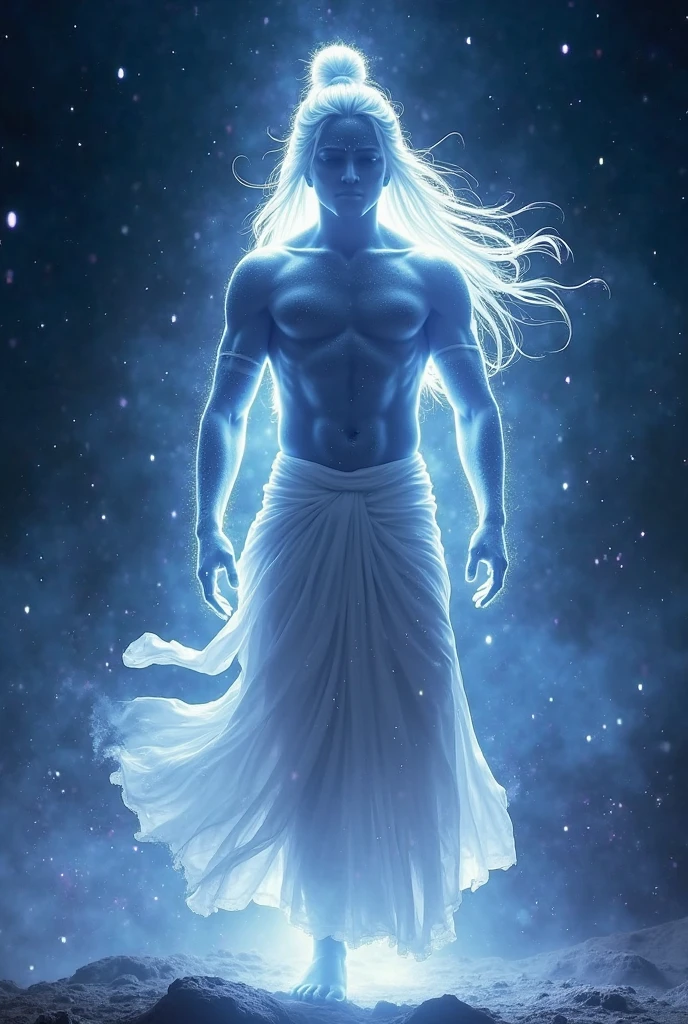 a spectrum of light walking across the water, with a masculine silhouette, something very heavenly, Godlike