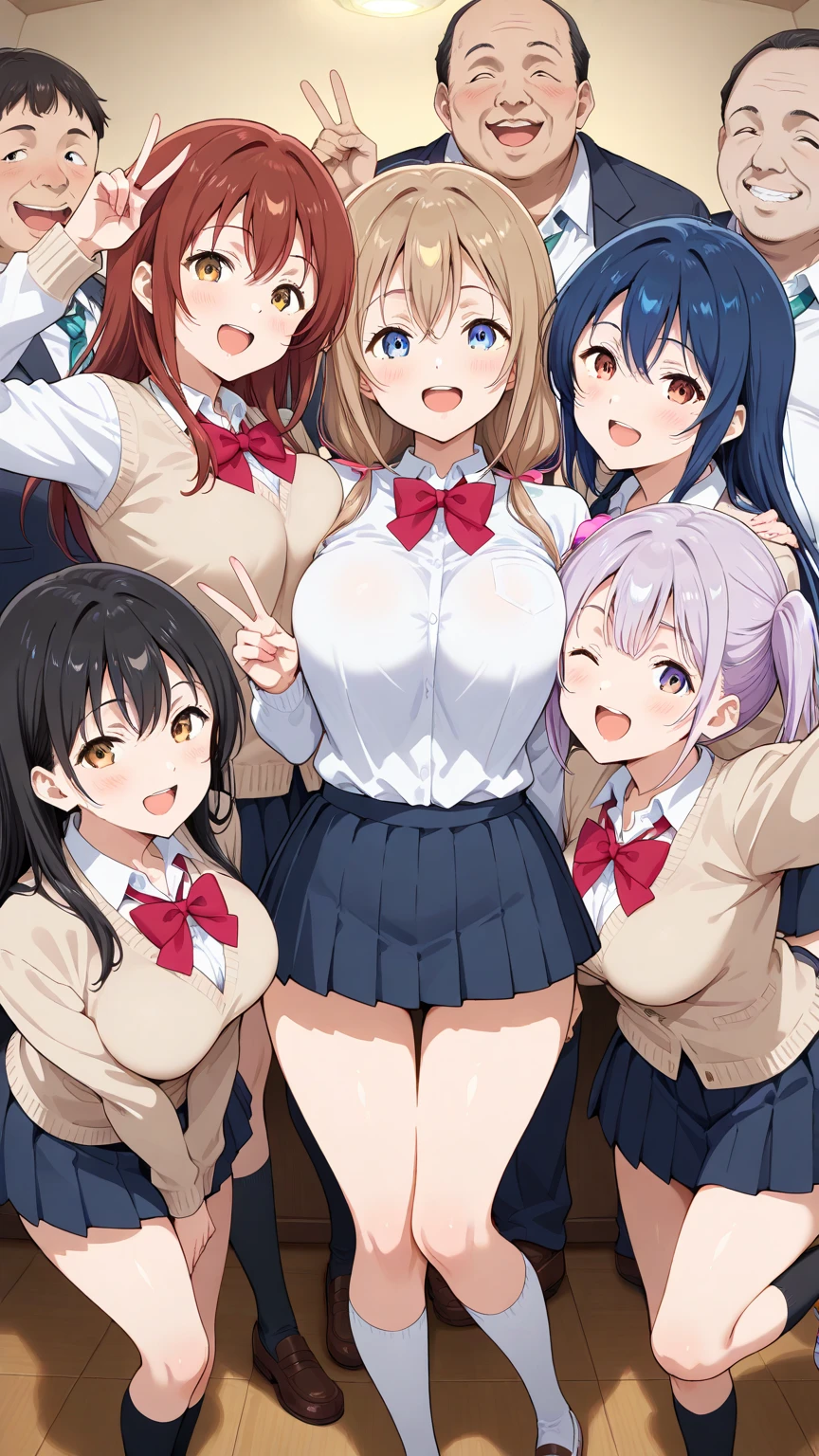 masterpiece, Highest quality, High resolution, Big Breasts、JK,There were a lot of girls in a very small room. ,6 Girls、Pink pleated skirt、Heart symbol and sound effect、The viewer is looked down upon by a tall woman.、Low Perspective、Sex、A chest full of sperm、Insert the tip of the penis into the vagina、Penis between 、Straddling the viewer、Bukkake、Pant voice、Huge 、white and bright skin、Bright beautiful skin、Blunt bangs、Blunt bangs、The girl trembles with joy、30-year-old woman、They are all very tall、Surrounded by tall girls、Thighs、Being despised by many girls、A composition that expresses many things breastean smirk、Bully、A composition that expresses many things 、Harem、Many girls are lined up、Open your mouth small and smile、Double teeth、Pointed teeth are visible