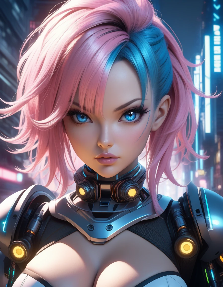 a pretty girl half human and half android, half metallic armor, half s3xy bustier laces bra, face half robot half human, purple eyes, pink and white hair, extremely detailed face, perfect facial symmetry, perfect body, on an unknown planet near her spaceship, (best quality,4k,8k,highres,masterpiece:1.2),ultra-detailed,(realistic,photorealistic,photo-realistic:1.37),concept art,digital painting,cinematic lighting,dramatic shadows,vibrant colors,intricate details