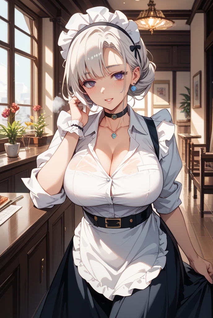 (masterpiece:1.2, highest quality), (realistic, photorealistic:1.4), beautiful illustrations,
looking at the viewer, whole body, Front view:0.6,
1 female, 20-year-old, Japanese, ((silver medium hair:1.5)), (forehead:1.6, big ass, big breasts)
beautiful hair, beautiful face, beautiful and detailed eyes, (shining purple eyes:1.3), beautiful clavicle, beautiful body, beautiful breasts, beautiful thighs, beautiful feet, beautiful fingers, perfect anatomy:1.3, perfect anatomy
(kitchen:1.3)
((Pastry chef costume:1.5, chef hat:1.4, choker:1.6, black skirt)),
((Grasp the hem of the skirt with your right hand, put your left hand on your chest, sit with legs apart:1.3)),
(Look at the viewer while blushing:1.3)