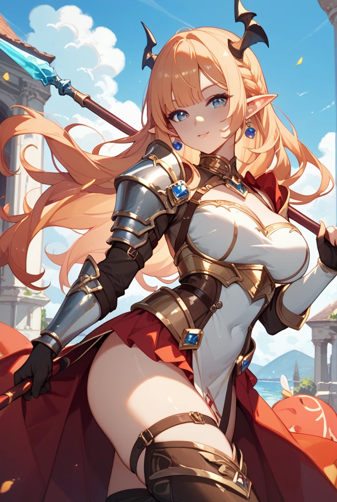 perfect anatomy, 1girl, solo, ViraGB, long hair, ponytail, makeup, lipstick, red lipstick, Hot girl, baddie, staring, glaring, bad attitude, mean girl, dare, angry, hate, crazy, smoking, sensual, attractive, masterpiece, best quality, highly detailed, fantasy , a anime girls in armored dress holding a sword
posing for a picture, evil smile, smile, open mouth, breastplate with open cleavage, cleavage, warrior
outfit, ecchi anime style, anime girls, ecchi style, (nsfw) not safe for work, ecchi, digital anime art!!, in
anime style, official artwork, visual novel cg, beautiful anime girl, anime style 4 k , loincloth, exposed
belly, exposed navel, exposed midriff, exposed lower belly, pencil skirt armored, castle,inside castle,royal palace