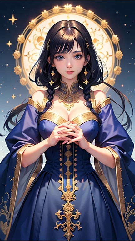 a beautiful detailed goddess with long flowing black hair, purple eyes, sitting on a mysterious chair, wearing a long starry kimono, gazing at the starry night sky, oracle, intricate detailed illustration, starry night background, (best quality,4k,8k,highres,masterpiece:1.2),ultra-detailed,(realistic,photorealistic,photo-realistic:1.37),cinematic lighting,dramatic atmosphere,vibrant colors,magical,ethereal,mystical,spiritual
