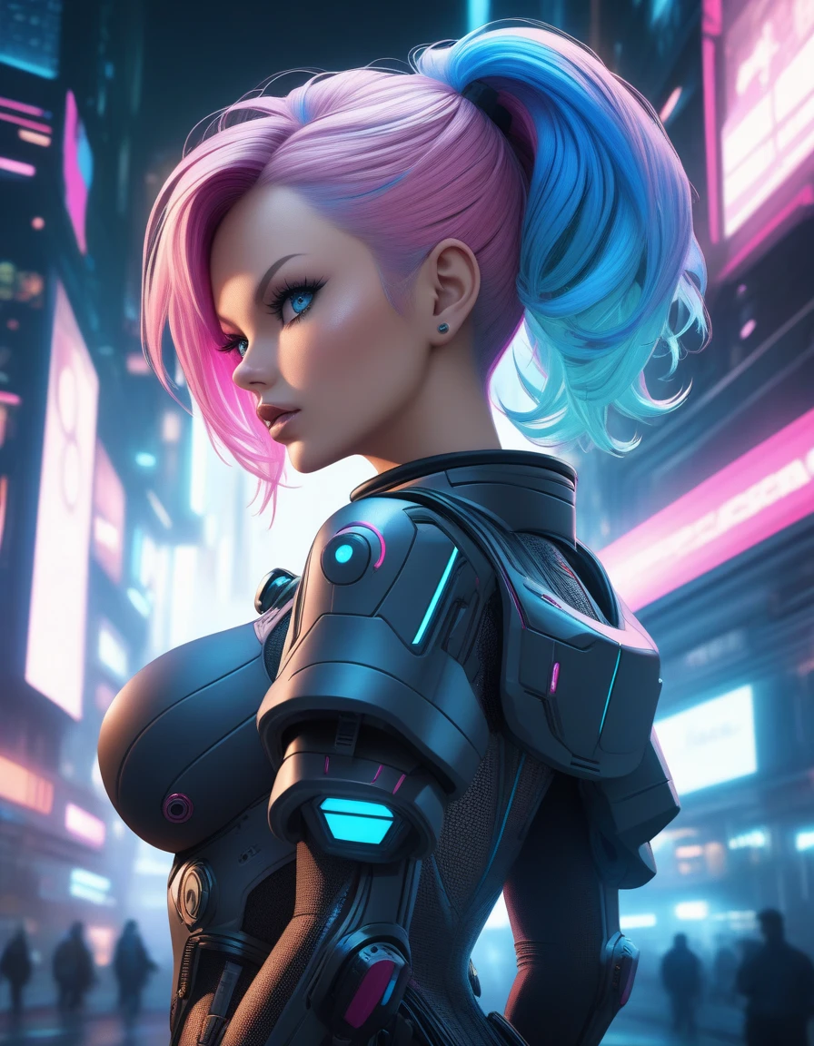 cyborg girl, robot hand, beautiful eyes, cyberpunk city background, neon light, pink hair, masterpiece, ultra high details