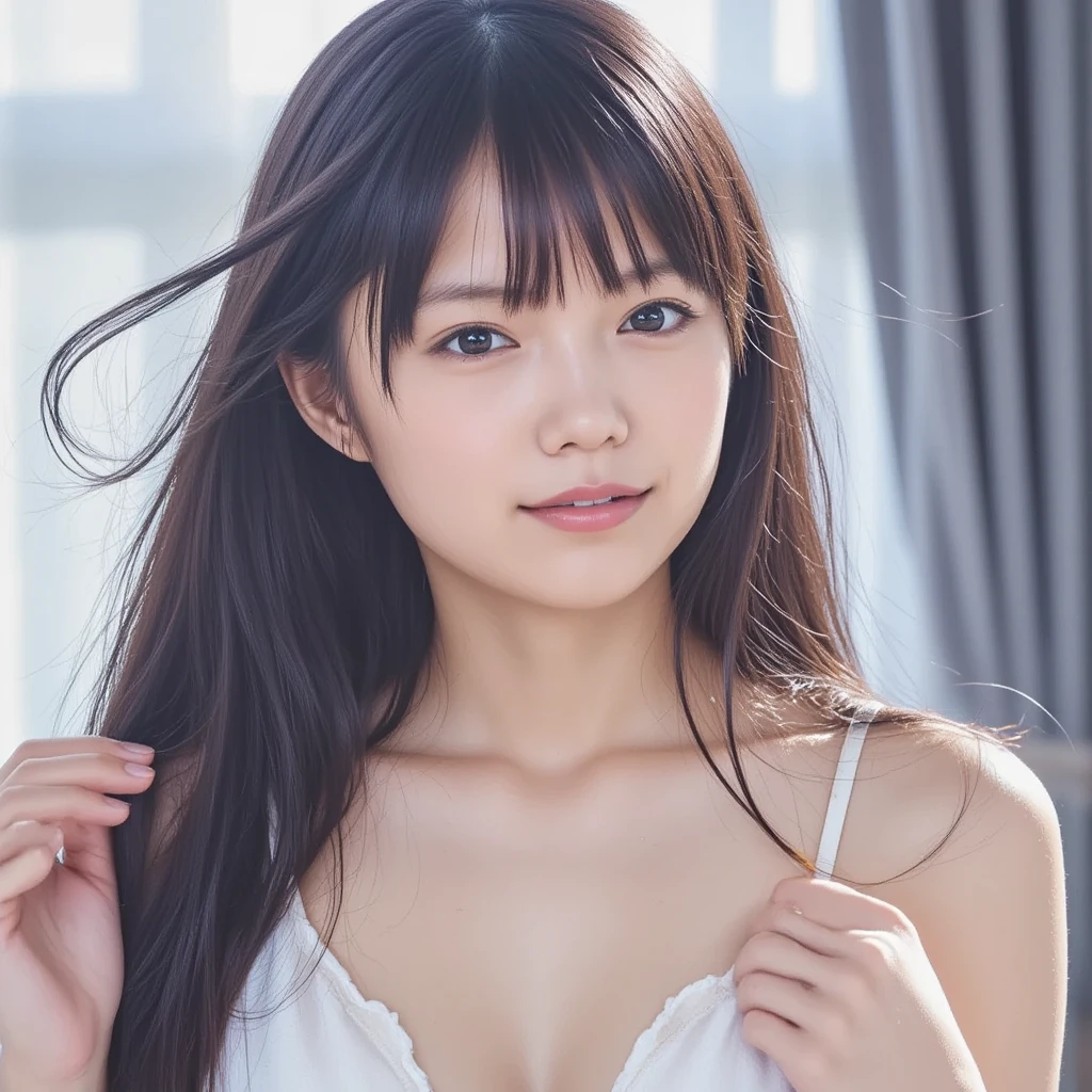 (1 girl:1.5), alone, (((highly detailed face)))), ((very detailed eyes and face)))), beautiful detailed eyes, official art, unified 8k wallpaper, Characteristics of a delicate woman、((28 years old)), ((blonde, long haired person)), , big eye bathroom, lip gloss, smile, ,huge breasts, big breasts, tits, ((white underwear))、upper body close-up、