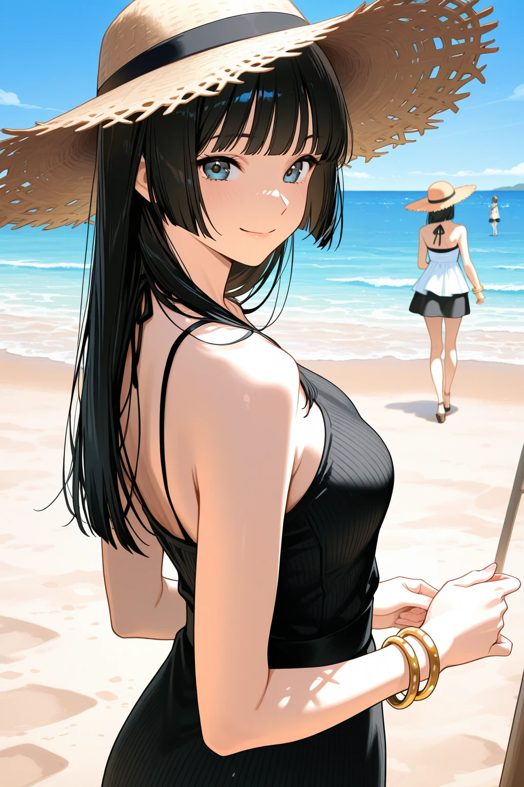 Japan woman with beautiful shape of rounded waist and perfect back on beach looking at camera、Black hair straight long hair、(Masterpiece,8k,top-quality)