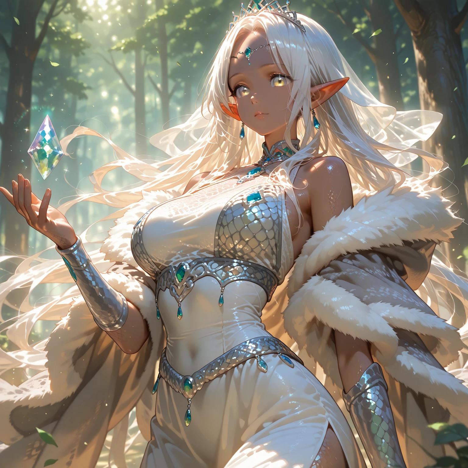 Realistic anime style image, (of a beautiful brown-skinned woman), ((cymetrical face)), ((Perfect beauty)), ((well-detailed blue eyes)), (long white hair tied in a ponytail) , ((long pointed ears)), ((sensual lips)), ((Big breasts)), ((Wide hips)),((thick thighs)), (She wears a white leather dress with a high collar, long sleeves and knee-length skirts, decorated with fine intricate details made in gold) (On her chest she wears a beautiful silver chain from which hangs a silver medallion decorated with fine intricate details), At her waist she wears a wide belt of silver chain, (on his back he wears a thick white leather cape with raised lapels decorated with fine silver details), (the cape is tied by two round silver brooches joined by a platinum chain, he wears thick white leather gloves on his hands , white low-heeled knee-length leather ankle boots, decorated with (beautiful intricate details made of gold), walking through a beautiful snowy forest of tall pine trees, on a sunny day with snow-covered ground, the sun's rays penetrate through of the treetops.. high definition image, high quality, 8k definition, volumetric light,