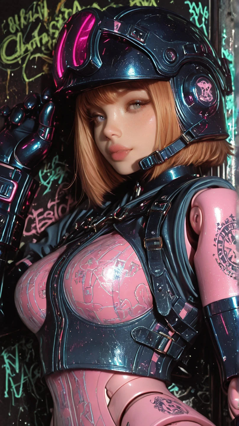 a close up of a person wearing a hat and glasses, fashion gameplay screenshot, glitchpunk girl, stylized digital art, in a cyber - punk ally, stylized digital illustration, neonpunk, pink iconic character, as a retro futuristic heroine, cyber universe style, background artwork, cyber style, hero pose colorful city lighting, in style of digital illustration, (huge breasts:1.3)