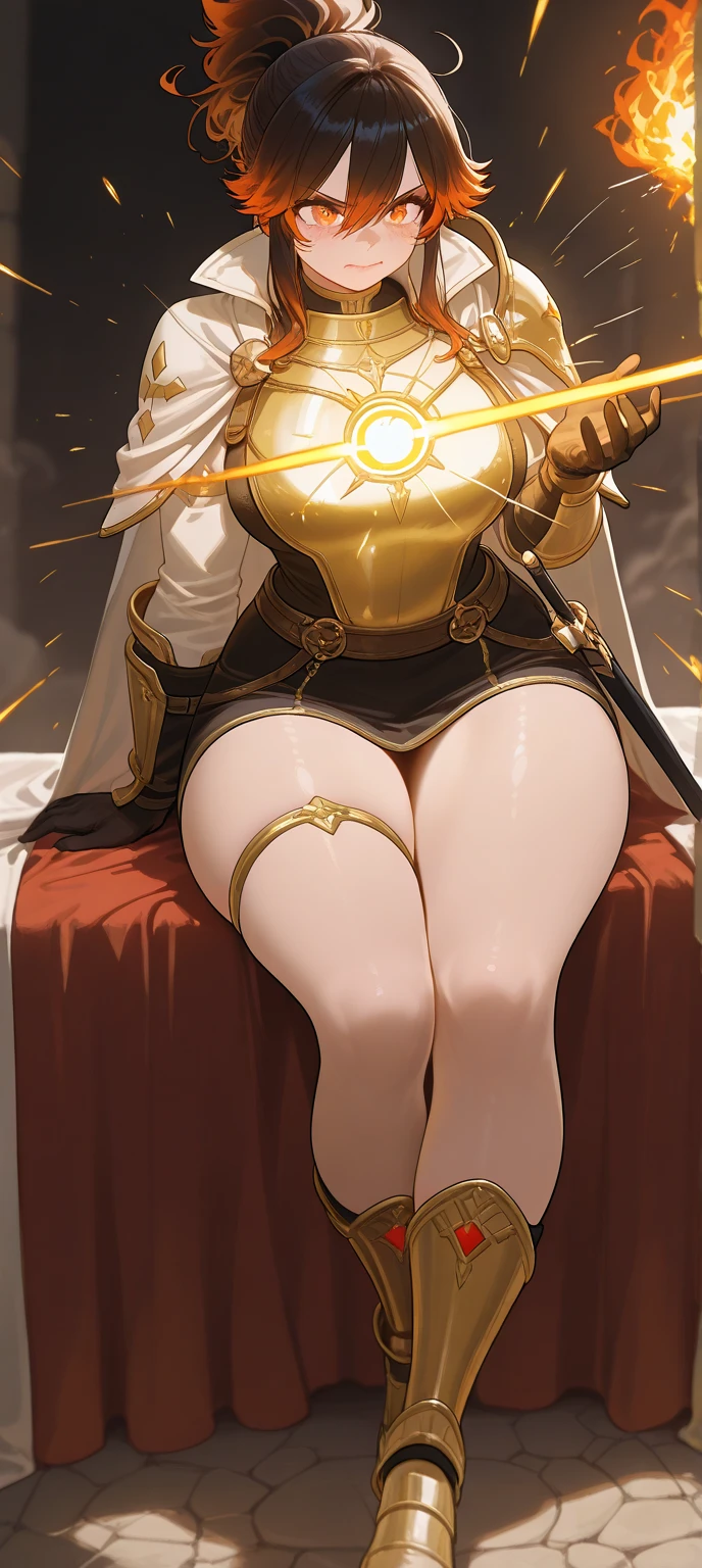 tarot card, 1 girl, Borderland, golden Borderland, gold card, golden tarot card, blindfolded, white blindfolded, father, holding staff, golden halo, thick robes, breasts big, thick thighs, sitting on a golden throne