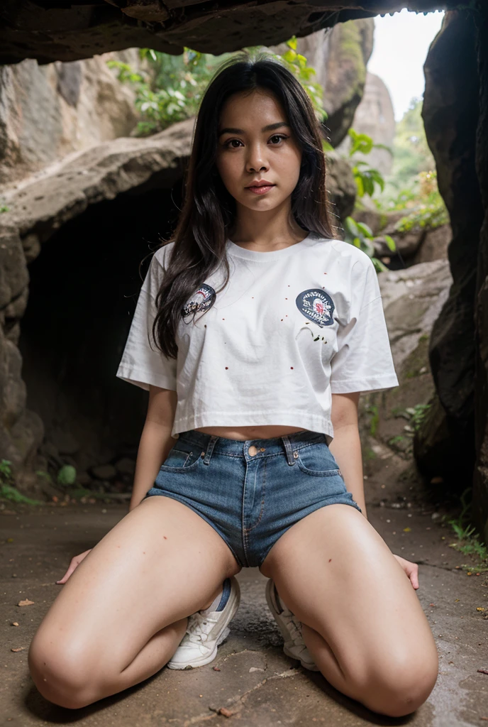 Beautiful girl, half Thai-Japanese face, super model figure, hands and feet have beautiful details. Wear a white t-shirt with a no bra. Lying unconscious in the deep forest, she had tan skin, pigtails, bangs, and red lipstick on her lips. Full body tattoo