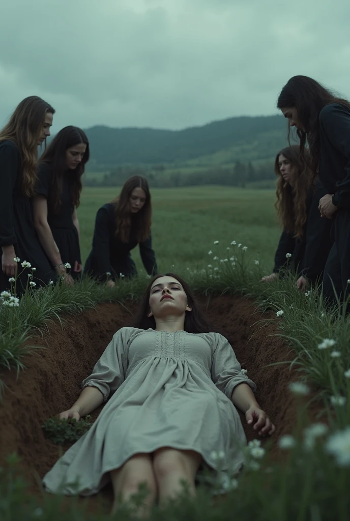 ((Jeremy Lipking style)) ((Nicola Samori style)) woman buried in the ground, two very ugly sad women, ((long black dress)), front, sky, field)), hair up, (oil on linen), (photo from nikon d800, 50mm
lens), focus, ((two women with legs buried in the ground))