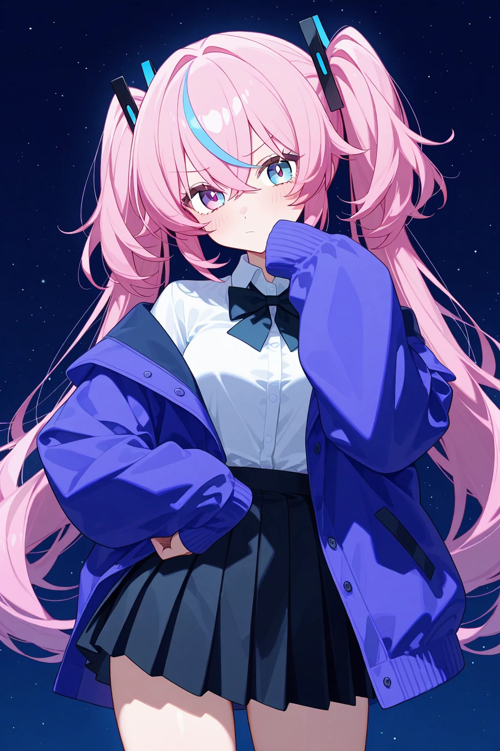 cowboy shot, masterpiece,Splash color, soft lighting,(cocktail glass), 1girl, solo, cat ears, multicolored hair, ((gradient hair), white+(blue)+(pink:0.5) hair//), very long hair, messy hair, bangs, ahoge, ((gradient eyes), pink+light_blue eyes//), slit pupils, glowing eyes, 1fang, white sweater