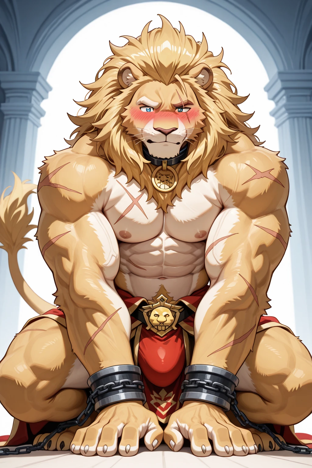 (non-human white male lion), sexy pose, muscular body, alone, kemono, thong, toothy smile,The face of the villain,beautiful eyes,Clear eyes,first round,dog tag