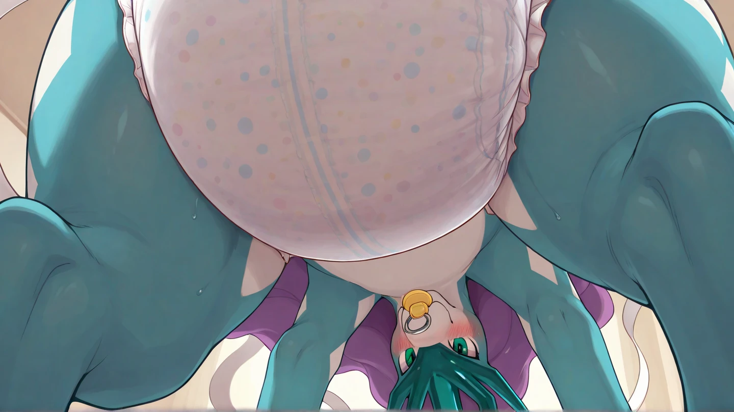 (2000's anime, retro art style, masterpiece, best quality, highly detailed, perfect anatomy, NSFW,), Simple white background, large amount of used condoms, 1girl (solo:1.5), Look at viewers, Distorted smile, flowing tears, open mouth, put out tongue (drooping), Surprised, sad, full-shot, pale green hair, Very short cut hair, Large yellow ribbon, Yellow Oval Jewelry Earrings, fullnude, Inverted fours, Low angle shot from behind, Focus (Looking down:1.2), Raise your hips high, Huge naturally long suspended udder, large bulging areola of dull brown color,, Nipple buried in areola, bignipple, a closeup, Mature body, Raise your buttocks, ass forcus, Spread legs, Showing, Plain feet, Bare legged, Spread legs,