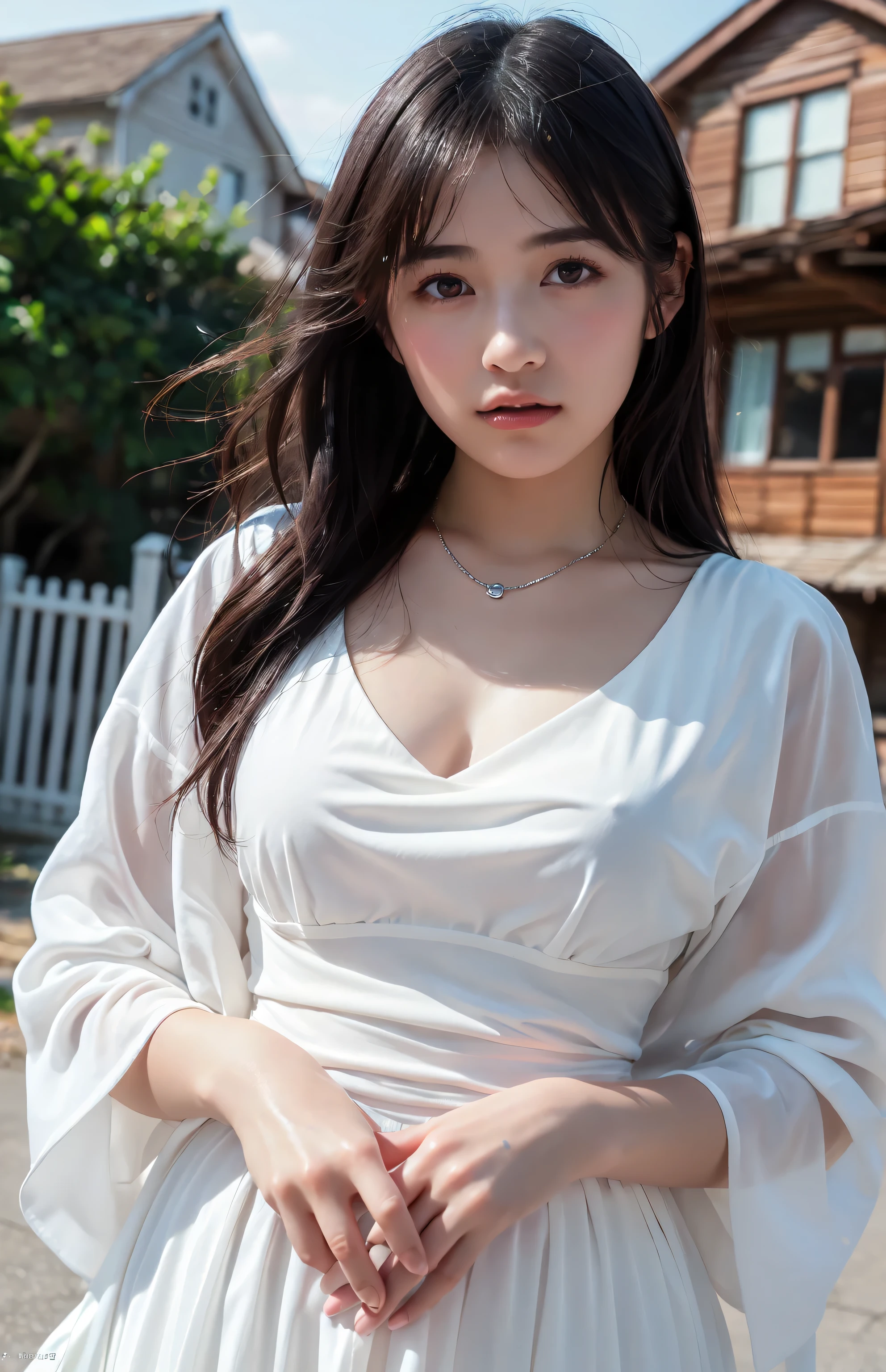 ((((absurdres, RAW photo, extremely delicate and beautiful, masterpiece, Best Quality, ultra high resolution, 32k, hyperrealistic, ultra-detailed)))), in her 20s, very Slim body, narrow waist, very small head, very small face, delicate facial features, beautiful face, beautiful eyes, ((((very huge round tits)))), medium hair, black hair, wavy hair, tearful mole, earring, ((full body shot)), buttoned shirt, collarbone, school_uniform, outdoor,