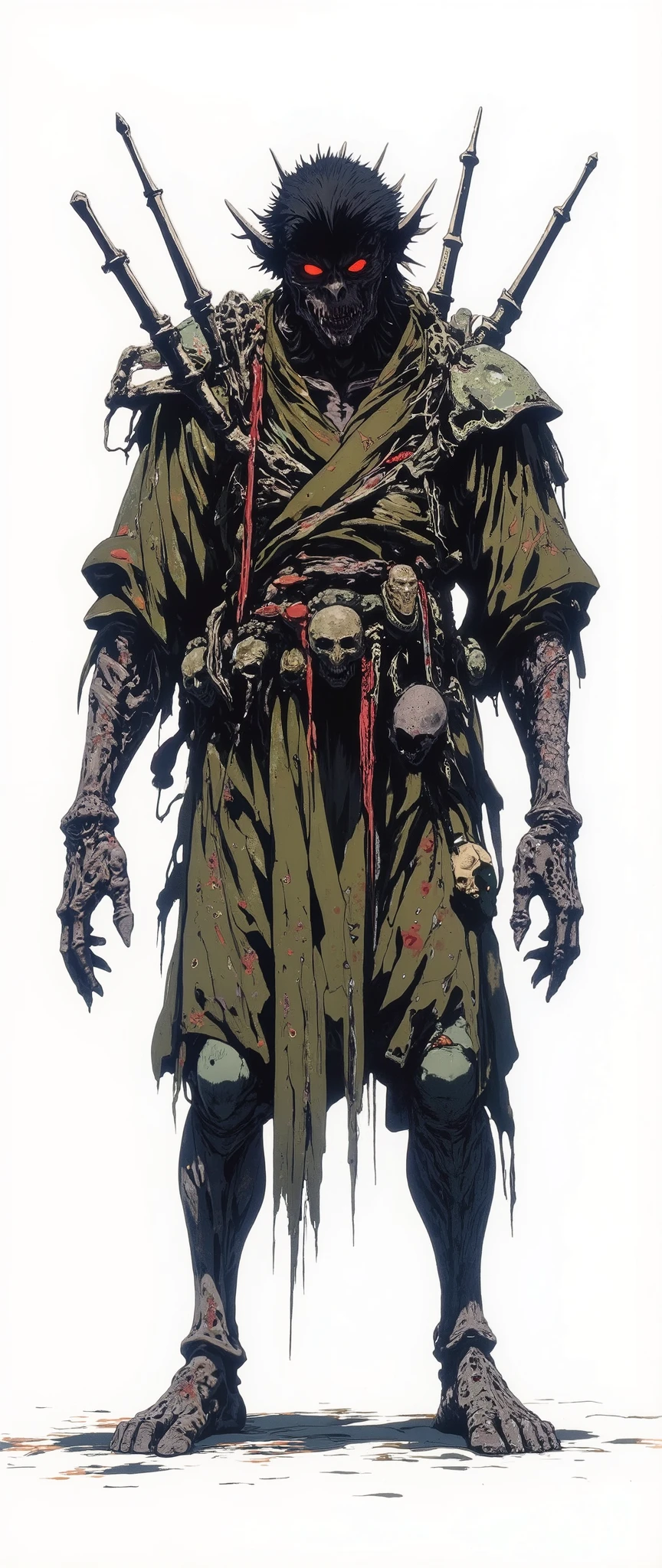 Masterpiece, most recent, very aesthetic. A demon with the face of an ancient Japanese mask, he has wisps of hair, he is hunchbacked, he is wearing a white Japanese robe with red details, he stands on all fours, a scary monster, he has 4 arms, he has spear-shaped bones that come out of his back, his arms are thin and long, very long, his body is fat and covered by an ancient samurai kimono, on his waist he carries several severed heads, Asian horror, Hannya, Geisha mask, 
rendered in the 90s anime style, anime similar to the anime "Vampire Hunter D Bloodlust" anime from the 90s, 3 color tones, flat cel-shading, anatomically correct, high contrast, front view [[[SHE IS FRONT]]], [[FULL BODY]], [[Image showing her entire body from head to toe]], masterpiece illustration, high resolution, front and side view in the same image, [[white background]], presentation of the character concept.90s anime style cel shaded flat color shading