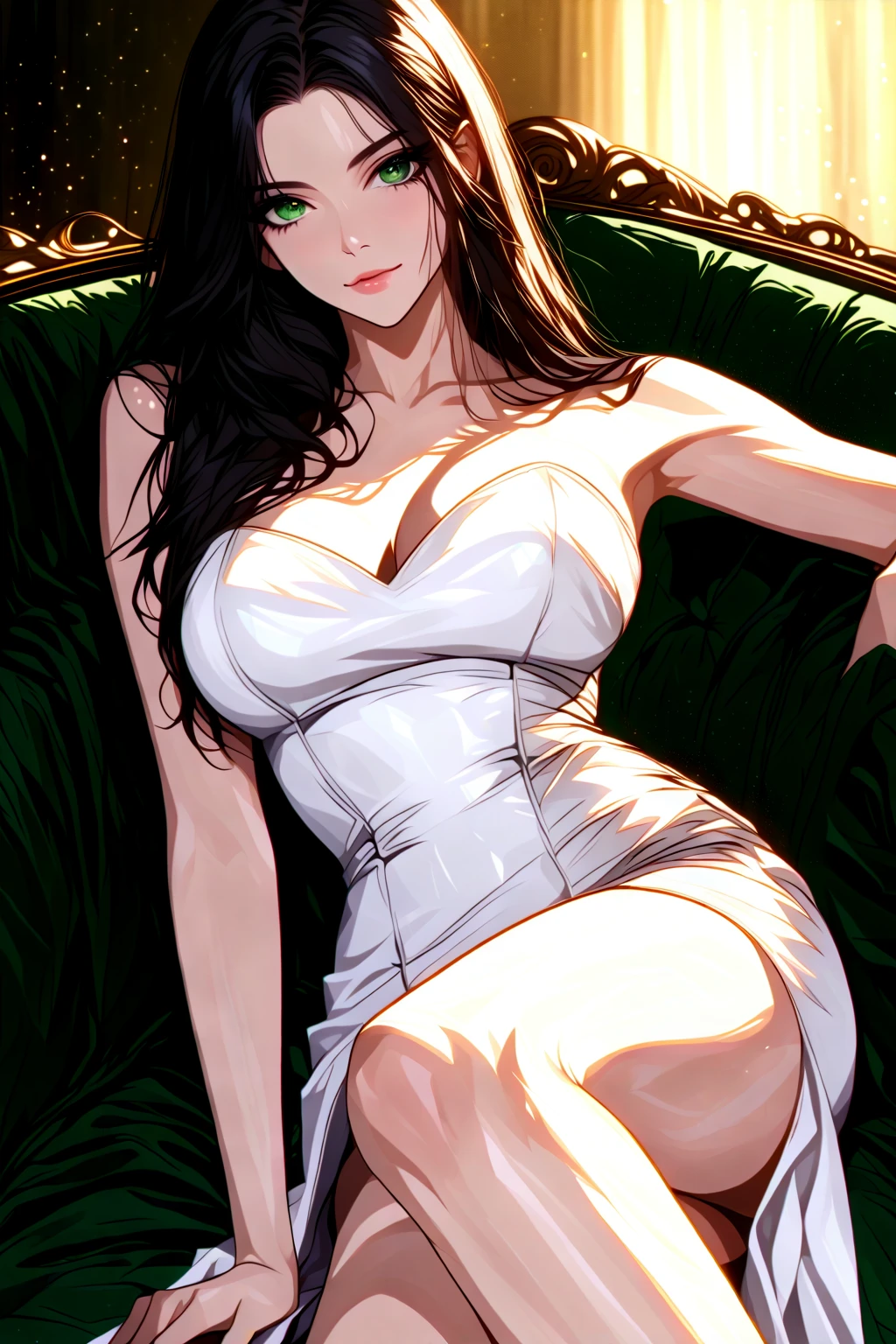 source_anime,score_9,score_8_up, score_7_up, 1girl,solo,outdoors,one piece, boa hancock, couch, indoors, seductive, face closeup, ((closed mouth)), smirk, thighs, long shot, balcony, mountain background, fancy, white couch, laying, leaning, fronr view
