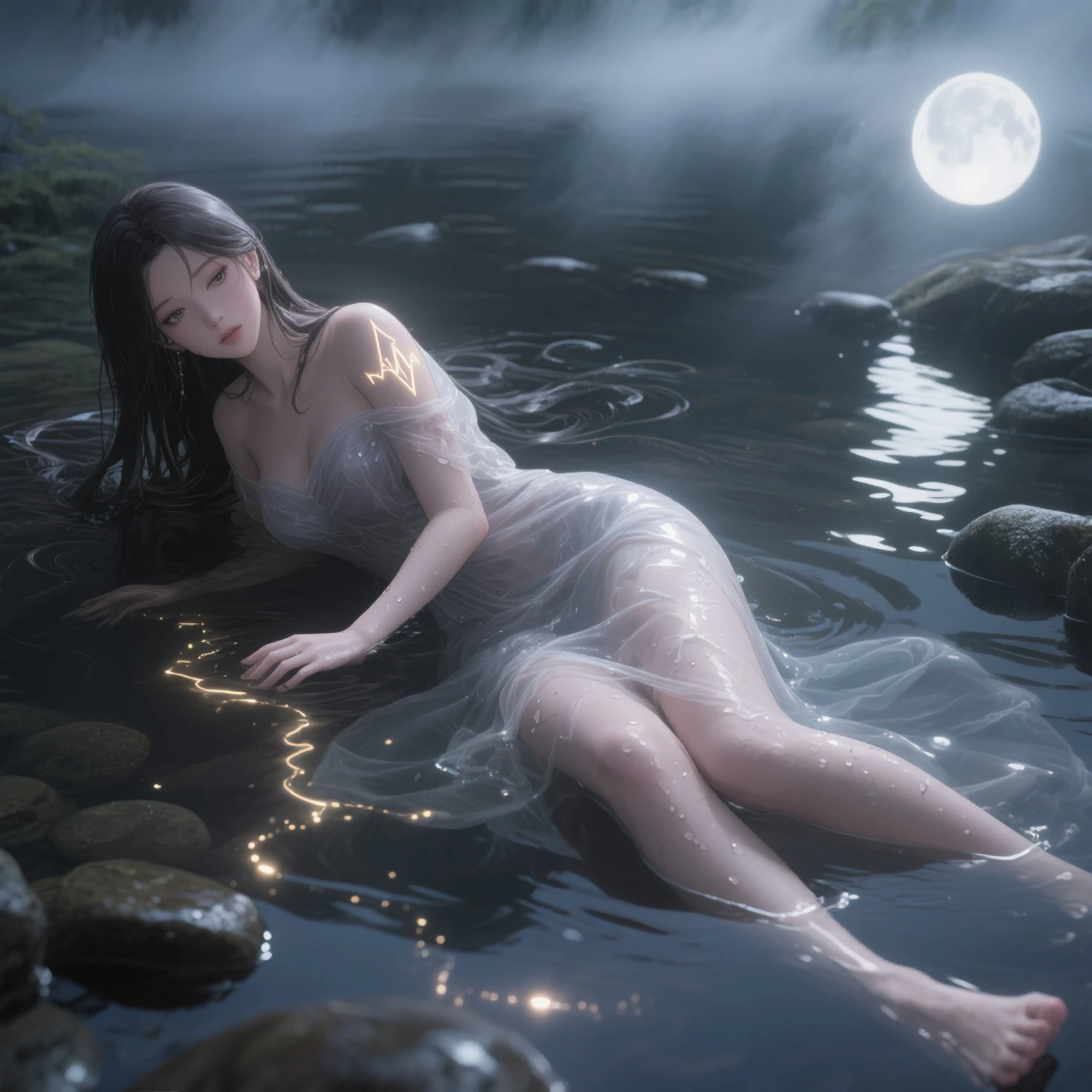 a captivating visual of a girl immersed in a mystical fantasy world. She stands gracefully in the midst of a vast, dark natural pool, her lower body submerged in the water. Her attire consists of delicate, sheer white clothing that clings to her form, and bra, She has big breasted. She lifts a tote lantern to illuminate her face, casting a soft, enchanting glow amidst the profound darkness of the night. The lantern's light is the sole source of illumination, revealing her ethereal presence. Hyperdetailed, beautiful cinematic, high_res