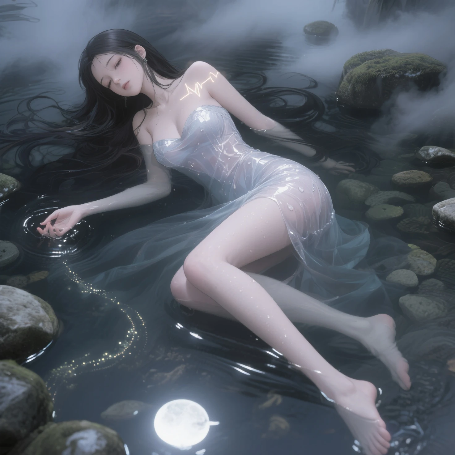 ((Night)) ((a deserted lake)) Vampire woman, (medium shot), black hair, pale skin, fangs bared, sexy violet nightgown, looking at viewer, rises out of the water, soaking wet. style of a painted book illustration, dramatic lighting, (depth of field), ((masterpiece)), ((best quality)), ((highly detailed))
