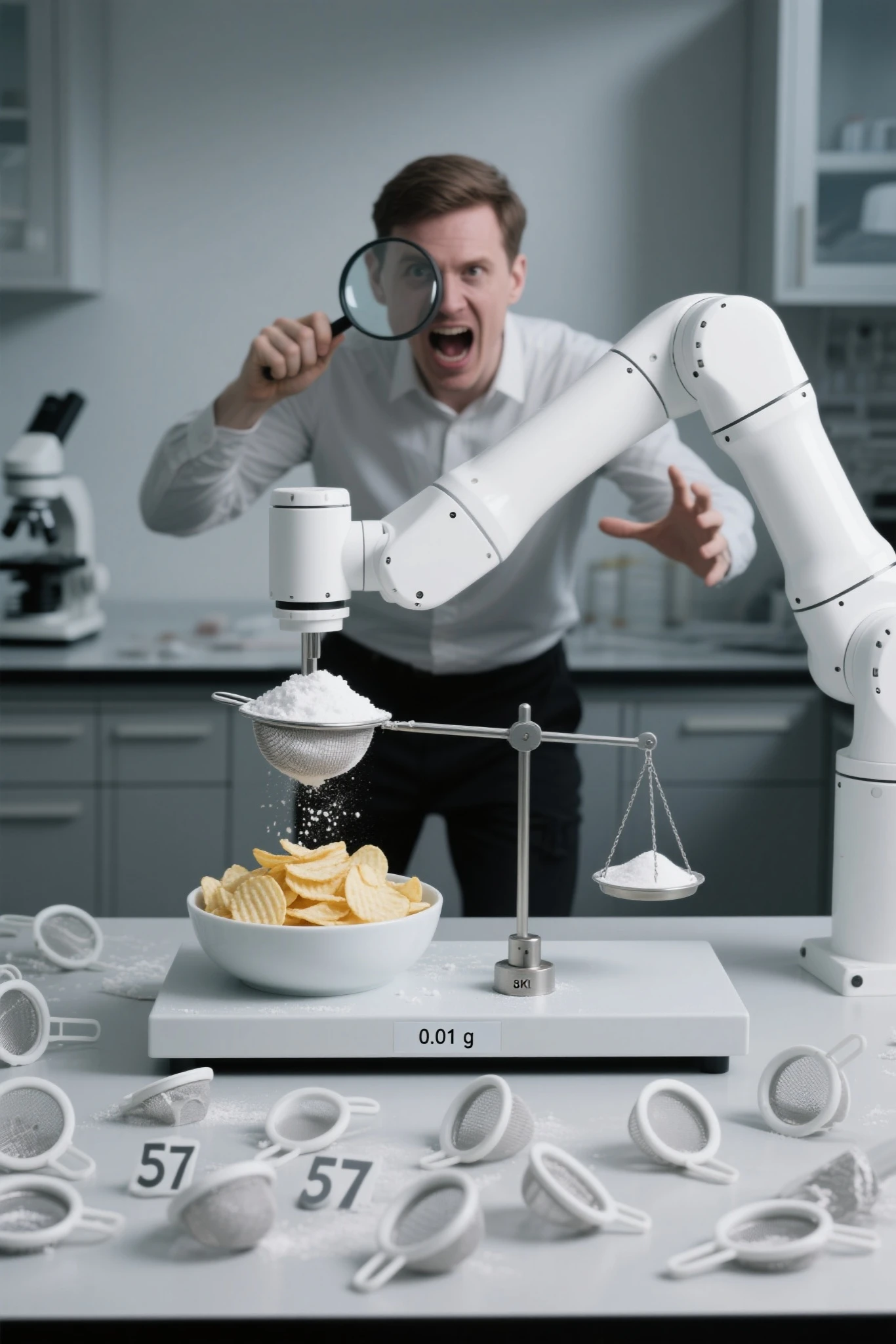 Minimalist white robotic arm，The end is holding a micro powder sieve，Doing pendulum motion towards the potato chip bowl，The other end of the scale is pressing「0.01 gram of salt powder」weights，Irregular powder marks are sprinkled on the potato chips（The left half is as thick as snow，The right half is smooth）。The background is the obsessive-compulsive inventor holding a magnifying glass and roaring「symmetry！必须symmetry！」，57 failed powder sieve models are scattered on the laboratory table，Morandi color system + Cold light shadow，8K photorealistic texture。