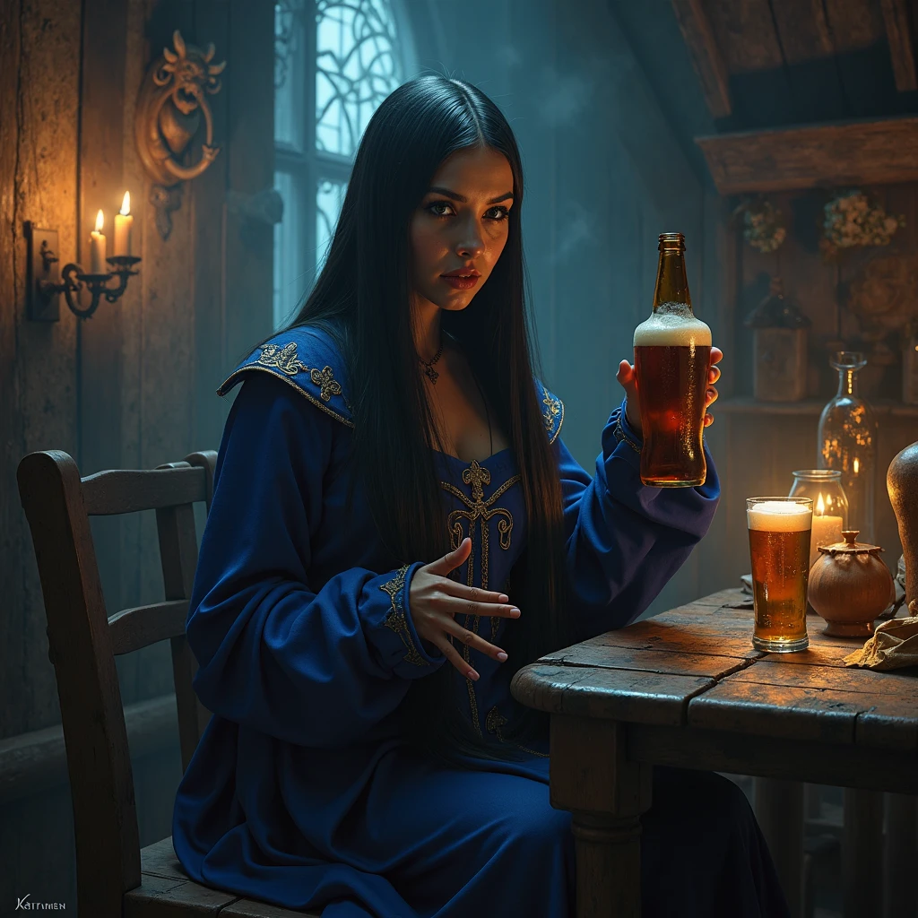 "(((masterpiece))), person as Snow White, holding a Beer, forest, eerie atmosphere, dark shadows, dramatic lighting"