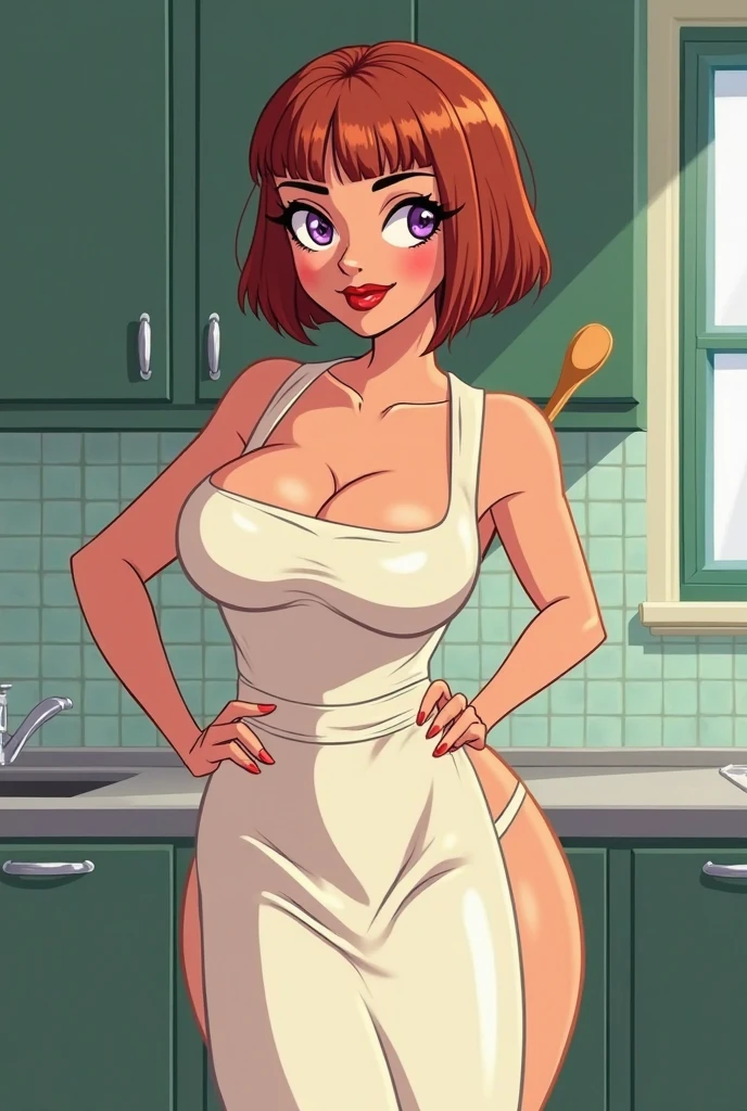 1 girl, standing alone, nakano nino, pink  hair, butterfly hair ornament, (Kale:1.3), (white apron), breasts big, neckleace, thicc thighs, coffee background, (blushful:1.3)