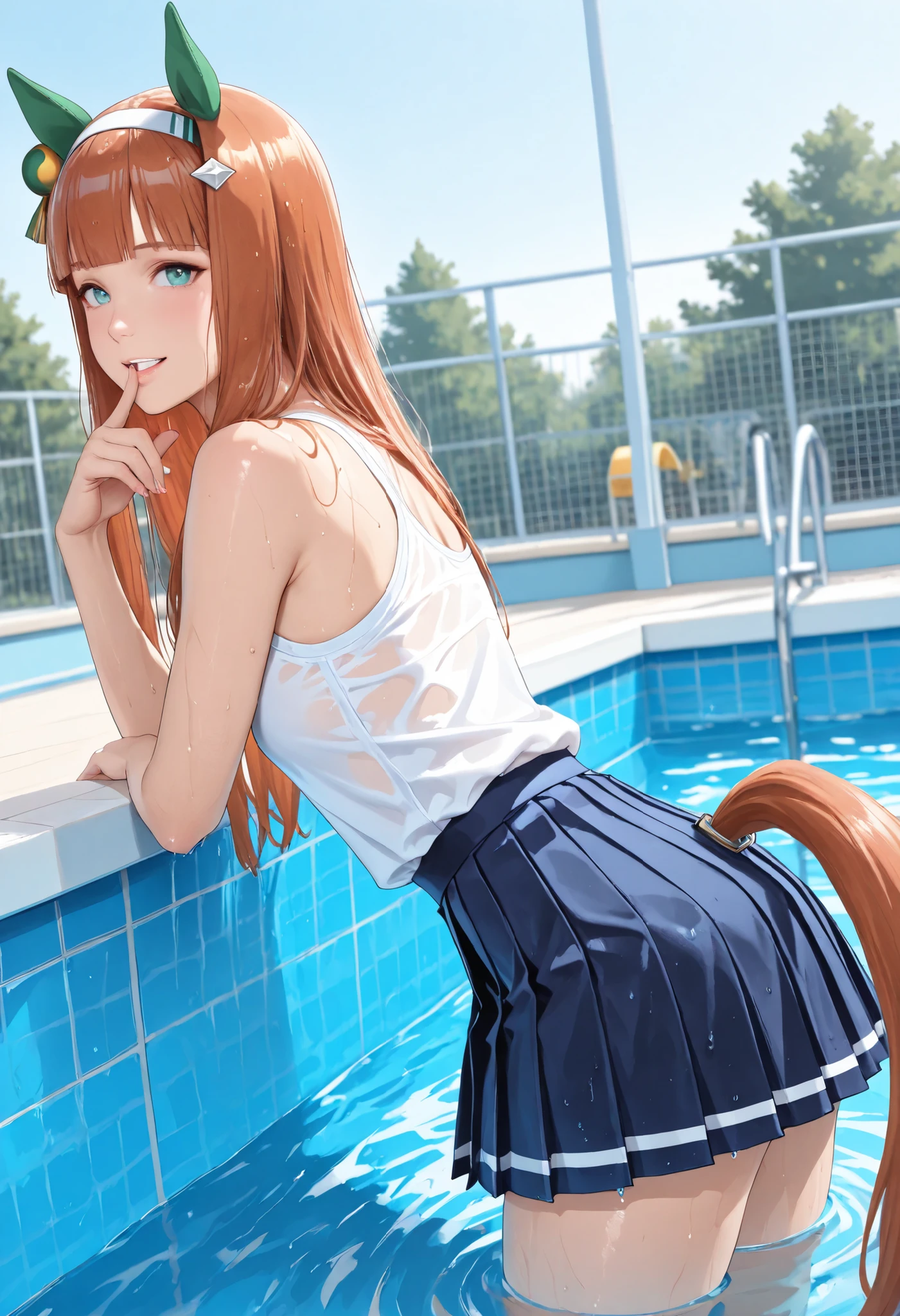 (masterpiece, best quality, perfect face:1.4), wide angle, silence suzuka \(umamusume\), horse ears, ear cover, white headband, small breasts, horse tail, tail on the lower back, proportional body, proportional,1 girl, beautiful hair, beautiful face, beautiful detailed eyes, beautiful clavicle, beautiful body, beautiful chest, beautiful thigh, beautiful legs, beautiful fingers, looking at viewer, BREAK, outdoor pool at school after school, playfully covered with water, high school girl with wet hair sticking to her shoulders, The white shirt in the uniform is moist and has a transparent texture, pleated skirt is also heavy with water, BREAK, while laughing「Take responsibility!」and playful pose, The background is summer sky and pool, The sunlight reflects off the surface of the water and sparkles, textured skin, realistic skin, HDR, BREAK, good hands