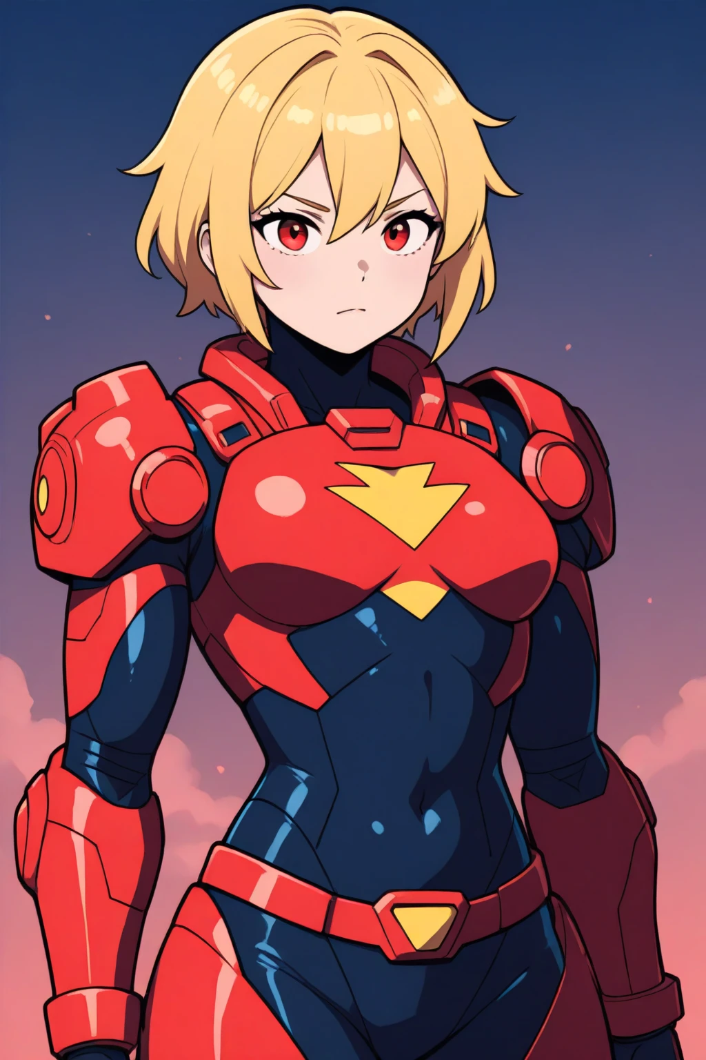 Superhero girl in red mechanical armor
