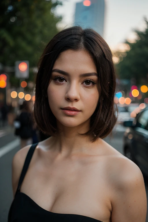 Portraits couleur d'une femme de trente cinq ans au cheveux noir coupé très court à la garçonne type européen à la peau très clair avec des tâches de rousseur, a very strong nose, posant de face regardant droit devant elle dans un environnement urbain avec un éclairage neutre, with well-shaped and slightly plump lips and a typical but charming physique, She's wearing a black top with thin straps
