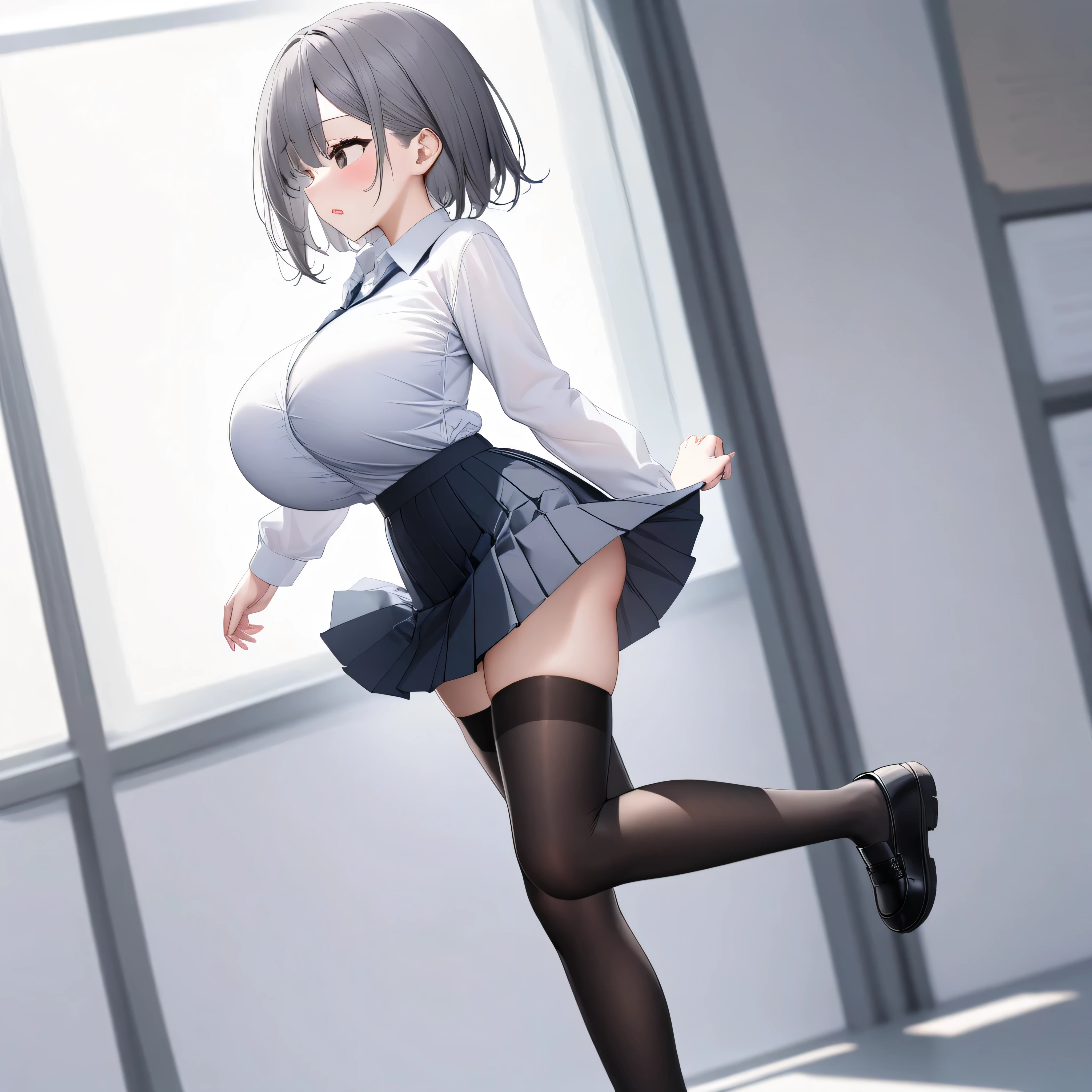 primarily school, BREAK, solo, (a skinny little student walking:1.3), (bouncing large breasts), arched back, BREAK, large breasts, too short torso, too narrow waist, skinny legs BREAK, school uniform, white collared shirts, (gray bra visible through shirts:1.1), flapping black too short high-waist skirt, black thighhighs