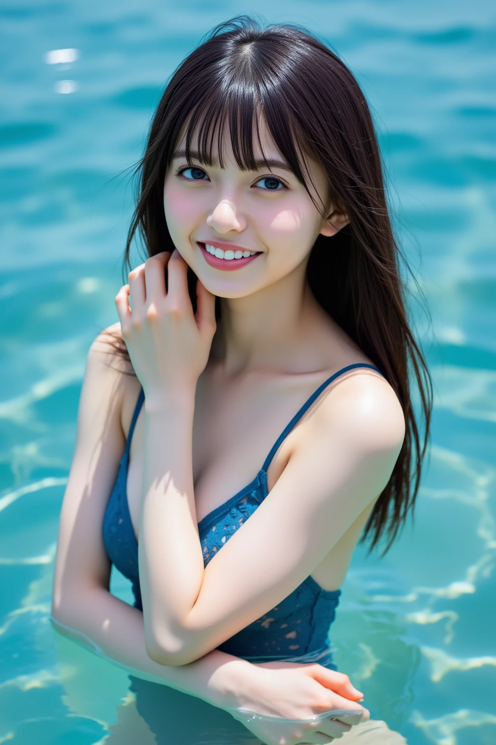 ((Floral Bikini)), Swimwear, Skin color, Huge breasts, Pool, Wet Hair, smile, (8k, Raw photo, The best quality at its best, masterpiece: 1.2), masterpiece, Super Detail, Ultra-high resolution, (Realistic and photorealistic photography: 1.37), High-resolution RAW color photos, Very delicate and beautiful, Very detailed, 8k wallpapers, Amazing, detailed, Very detailed目, Very detailed皮膚, Very detailed指, Very detailed鼻, Very detailed口, Perfect Anatomy, Upper Body, My body is soaked, swimming, Transparent feeling、Transparency、Small Swimwear、Nogizaka Idol、Korean Idol、Gravure idol pose、、Age 25