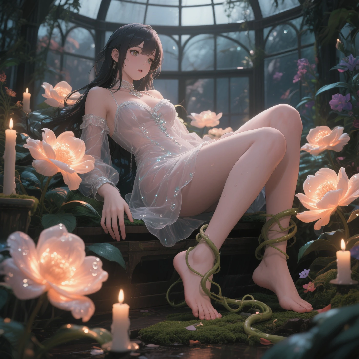 ((Create MaxZenArt!))_((Single, 1 girl, full body, Sexy sock, topless, black transparent chiffon dress, lace), (heels, foot shoes), (Sitting, wet, sexy, erotic ), (Hand on the waist))_((make-up mascara, soft scarlet lips), (straight black hair - long, cascade), (cold shine, wet straight black hair))_((minimalism, monotonous), (simple color palettes), (clean), (metaphysical garden), (symbolism), (abstraction), (smooth silhouettes))_((Top layer, clear line, clear masterful drawing, clean graphic line-stroke))_((NFV , Other), (new features, asymmetrical, geometric))_((Sexy materials and design), (erotic model), (simple, minimal accessories), (necklaces and thin rings in silver or gold), (simple bracelets, distinctive design, simple silhouettes), (simple and erotic style))_((Background),(abstraction-minimalism), (high quality materials), (fresh, color fill, wide brushstroke, simplicity and sophistication), (stunning white lilies, extremely unusual, long stems)), ((water, lilies, water lilies on the water)), ((white lilies - large stems)).