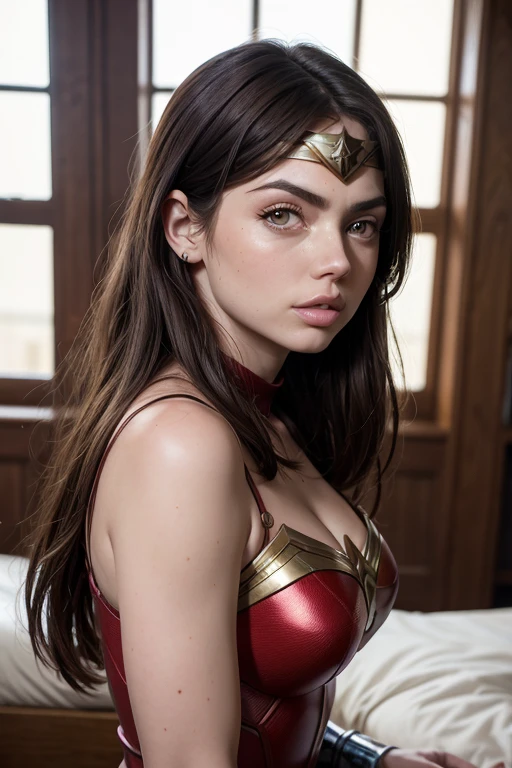 Realistic photo of a beautiful 18 year old ADAarmas, (best quality,ultra-detailed,realistic:1.2),beautiful detailed eyes,beautiful detailed lips, wearing a sexy wonder woman outfit