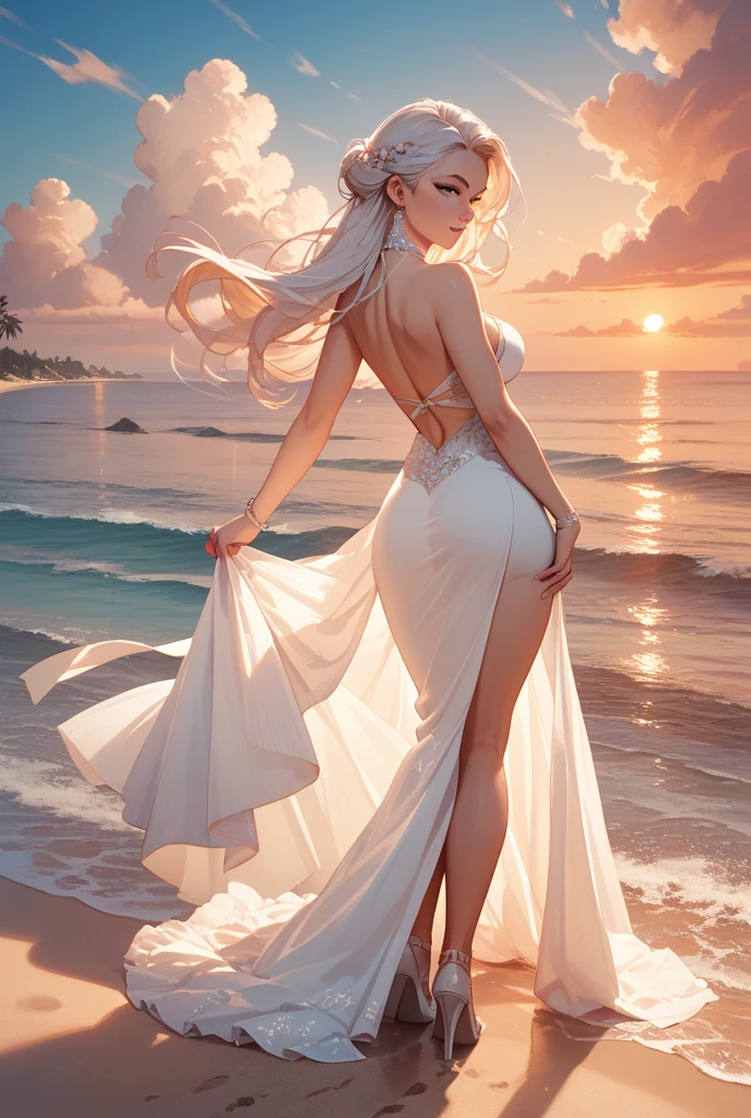 (realistic photo:1.37), Summer sea evening sunset, Sunset overlap the person, The sunset is reflected on the sea surface, (Dazzling sunset:1.4, beautiful evening sunset:1.3), (1 beautiful female, Back view of the beach), (((looking beyond the horizon))), (Lens Ghosting:1.5, lens flare:1.2, Octagon-shaped lens ghost), Fiery Horizon, (Silky platinum blonde Hair:1.2), ((Natural backlighting:1.4)), ((wears sheer white Summer Dresses)), ((full body view:1.2)), Slightly slimmer body, Realistic Skin,
BREAK.
masterpiece, ultra high resolution, high definition RAW photograph, Highly detailed CG, best quality, 4K, perfect ???????, perfect proportions, Romantic Landscape, Sparkling sea, Accurate limbs, Back blur, accurate details hand, accurate details finger, ?????? body, Ultra-realistic