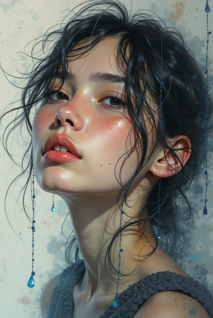 (Highest quality, 4K, 8k, High resolution, masterpiece:1.2), Very detailed, (Realistic, photoRealistic, photo-Realistic:1.37)、smile、Japanese、(Navy blue high neck sleeveless shirt)、(((Bukkake)))、Lips parted,
