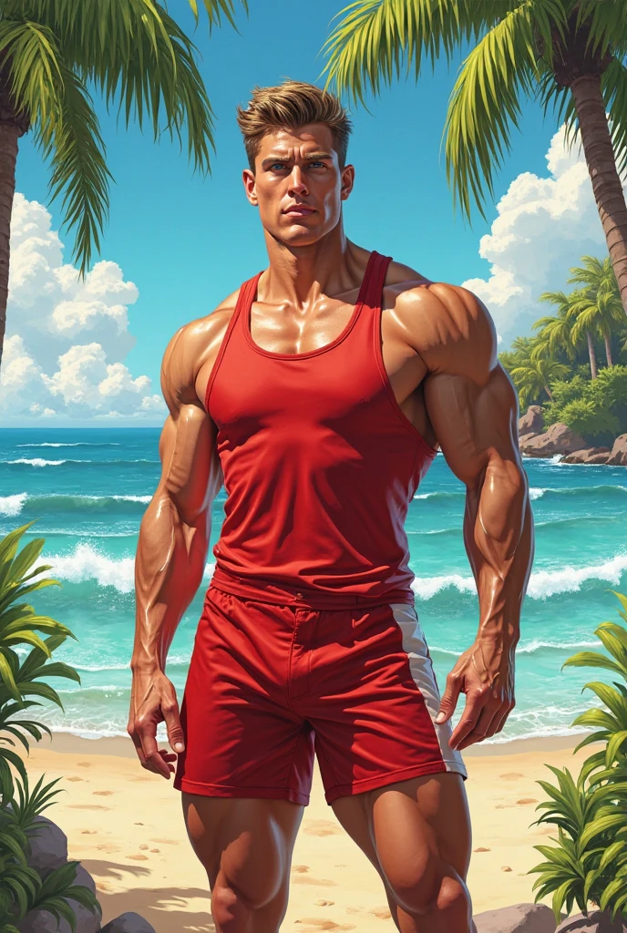 Boys 19-22 years old play beach volleyball against a blue sky. Athletic figure, Muscular, with perfect round soft buttocks, with large protruding genitals orange slips in the style of Caravaggio, watercolor