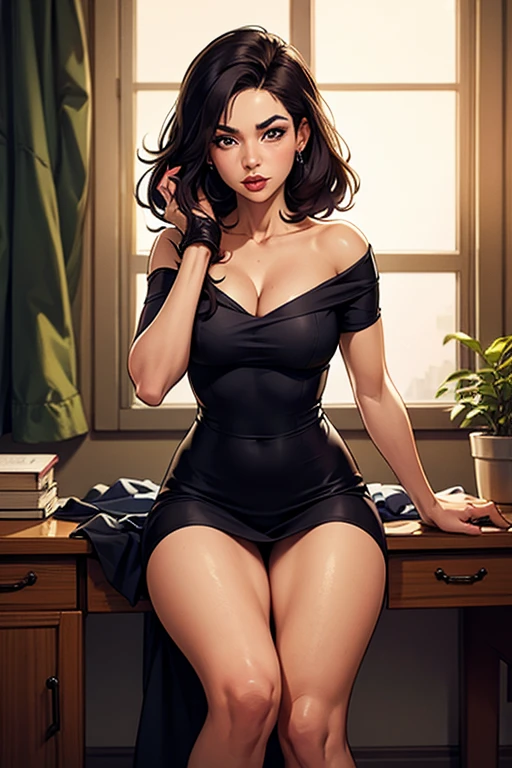 NSFW, LWRD, In a dimly lit office, Governor Rottenmeier, a stunning 35-year-old femme fatale, sits confidently at her table, exuding an aura of mystery and menace. Her athletic physique is showcased by the tight black coat and mini skirt, while her perfectly beautiful body glows under the soft light. A sly smile plays on her lips as she brandishes a sharp, lustrous black karambit knife, its edge glinting menacingly in the faint glow. Her short black hair frames her detailed face, with intense blue eyes and arched eyebrows that seem to pierce through the darkness. The air is thick with a sense of foreboding as she gazes seductively at him with lewd eyes that hide a murderous intent, her dark red lipstick glistening like a siren's call., masterpiece, incredibly absurd resolution, absolutely resolution, ultra high resolution, Mature Female, MILF, professional, vivid colors, athletic physique, perfect anatomy, ideal facial features, ideally proportioned figure, perfectly beautiful body,