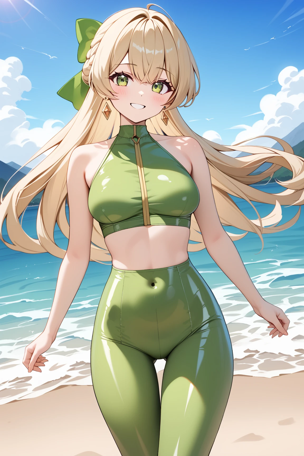 (obra maestra, mejor calidad, high resolusion: 1.4), cuerpo completo, 1girl, ojos verdes, Highneck swimsuit , Al aire libre , Playa,(sonrisa, feliz, rubor de cara completa: 1)