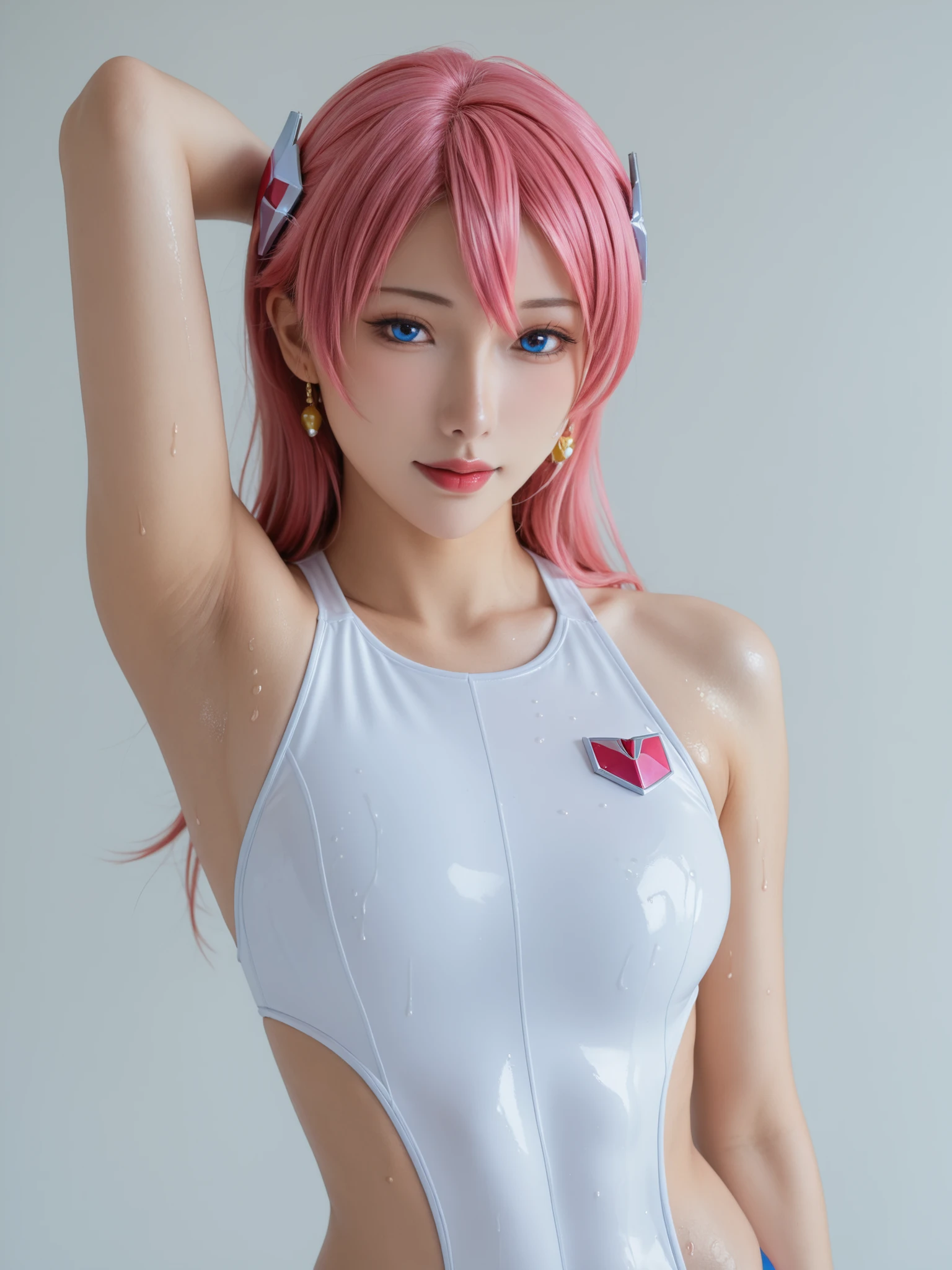 top quality,masterpiece,realistic photo,Show me your armpits,Lux Klein,Gundam Seed,Lux Klein、１a human woman 、beautiful woman、pink hair with long n sleeves、Fair skin、the appeal of a sweaty,swimsuit,hair ornament,
