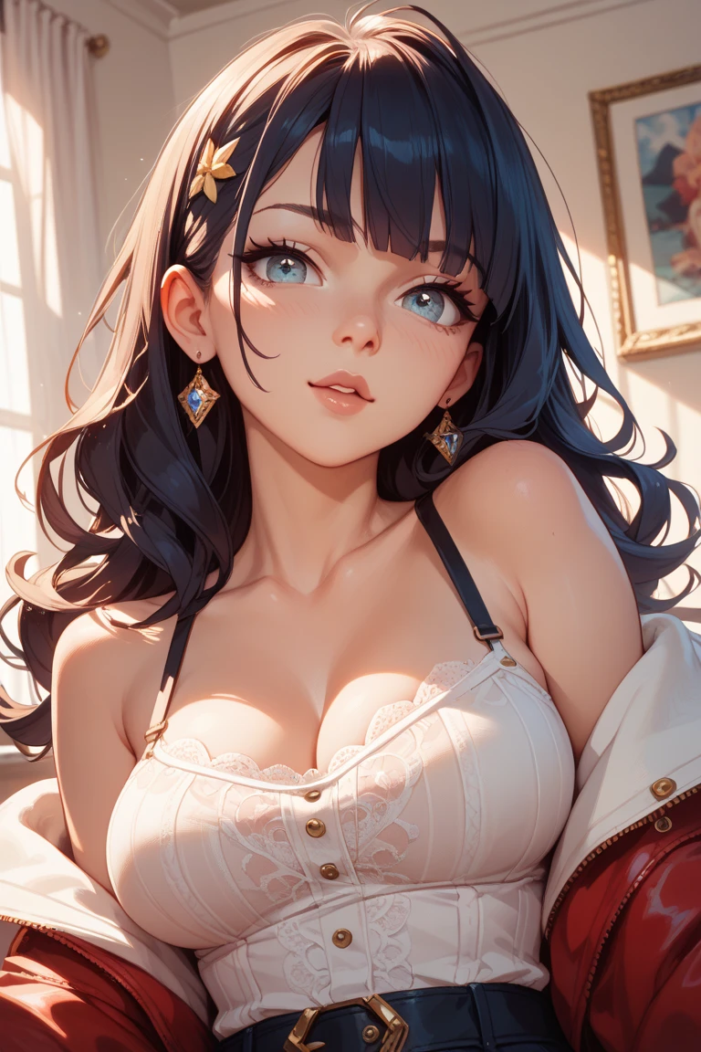 ((Best quality)), ((masterpiece)), (detailed: 1.3), beautiful woman, One girl, ((purple eyes)), Cinema Lighting, ((black hair, ponytail hairstyle, wavy hair, long bangs)), elf ears, earrings, piercing, tanned skin, ((pink short dress, off shoulders)), large breasts, cleavage, open clothes, thick ass, choker, necklace, beach, sitting, bedroom, pink walls, very detailed eyes, very detailed hair, very detailed clothes, very detailed face, beautiful eyelashes, sultry eyes, juicy lips, soft blush, posing sexily, provocative, looking at viewer, in love with viewer, very expressive face, smooth skin, freckles, natural eyebrows
