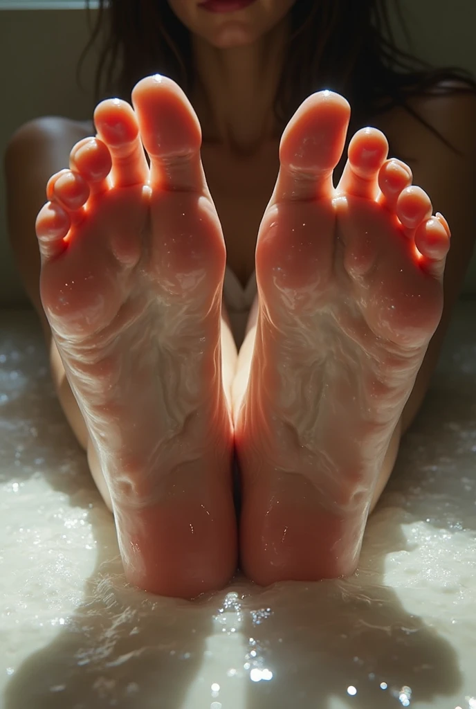 Score_9, Score_8_up, Score_7_up,a close-up view of a woman's feet, focusing on her toes. She appears to be wearing nothing but her feet, and her soles are prominently displayed. The image captures the details of her toes, including the nails and the skin texture. The woman's feet are wet, possibly from a footbath or a similar activity.