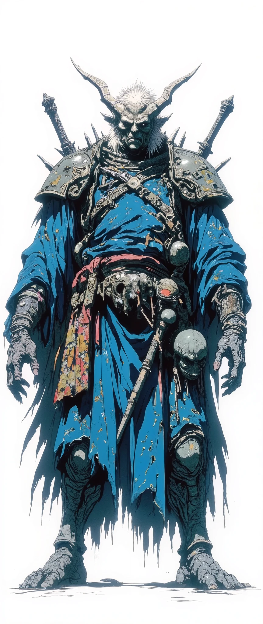 Masterpiece, most recent, very aesthetic. A fat demon with an iron mask, he has wisps of hair, he is hunchbacked, he is wearing a blue Japanese robe with gold details, he stands on all fours, scary monster, he has 4 arms, he has spear-shaped bones that come out of his back, his arms are thin and long, very long, his body is fat and covered by an ancient samurai kimono, on his waist he carries several severed heads, Asian horror, Hannya, Geisha mask, 
rendered in 90s anime style, anime similar to the anime "Basilinski" anime from the 90s, 3 color tones, flat cel-shading, anatomically correct, high contrast, front view [[[HE IS FRONT]]], [[FULL BODY]], [[Image showing his entire body from head to toe]], masterpiece illustration, high resolution, front and side view in the same image, [[white background]], presentation of the concept of the character.90s anime style cel shaded flat color shading